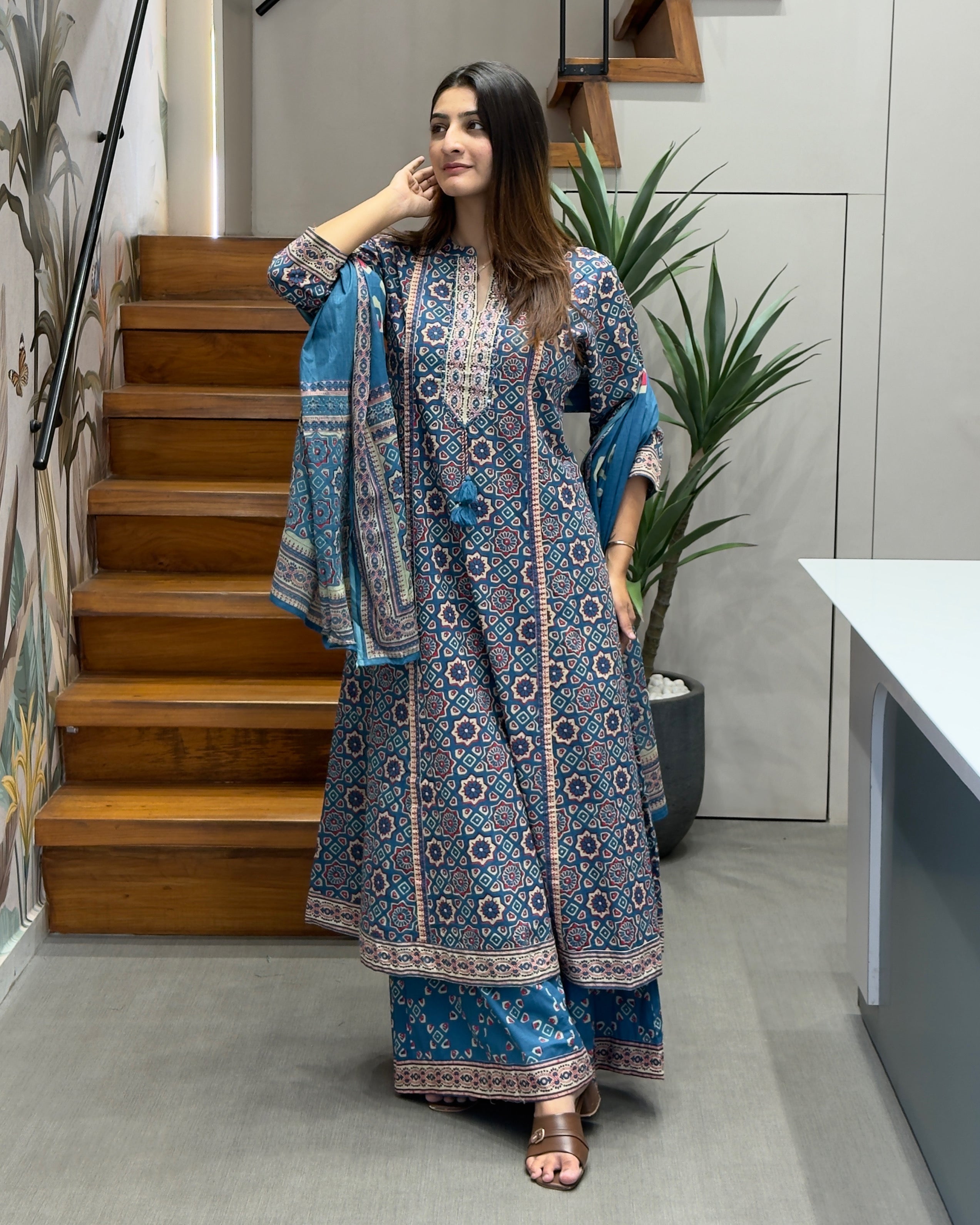 Printed Full Length Kurti with Full Flair Palazzo & Dupatta Set