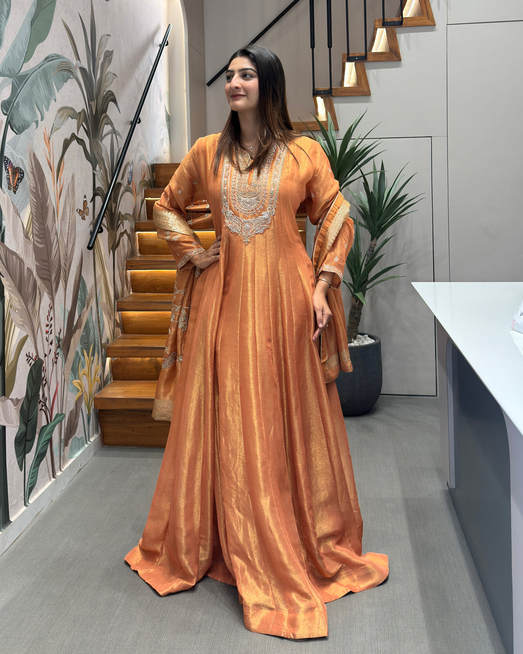 Golden Peach Handworked Full Length Designer Gown Set with Dupatta
