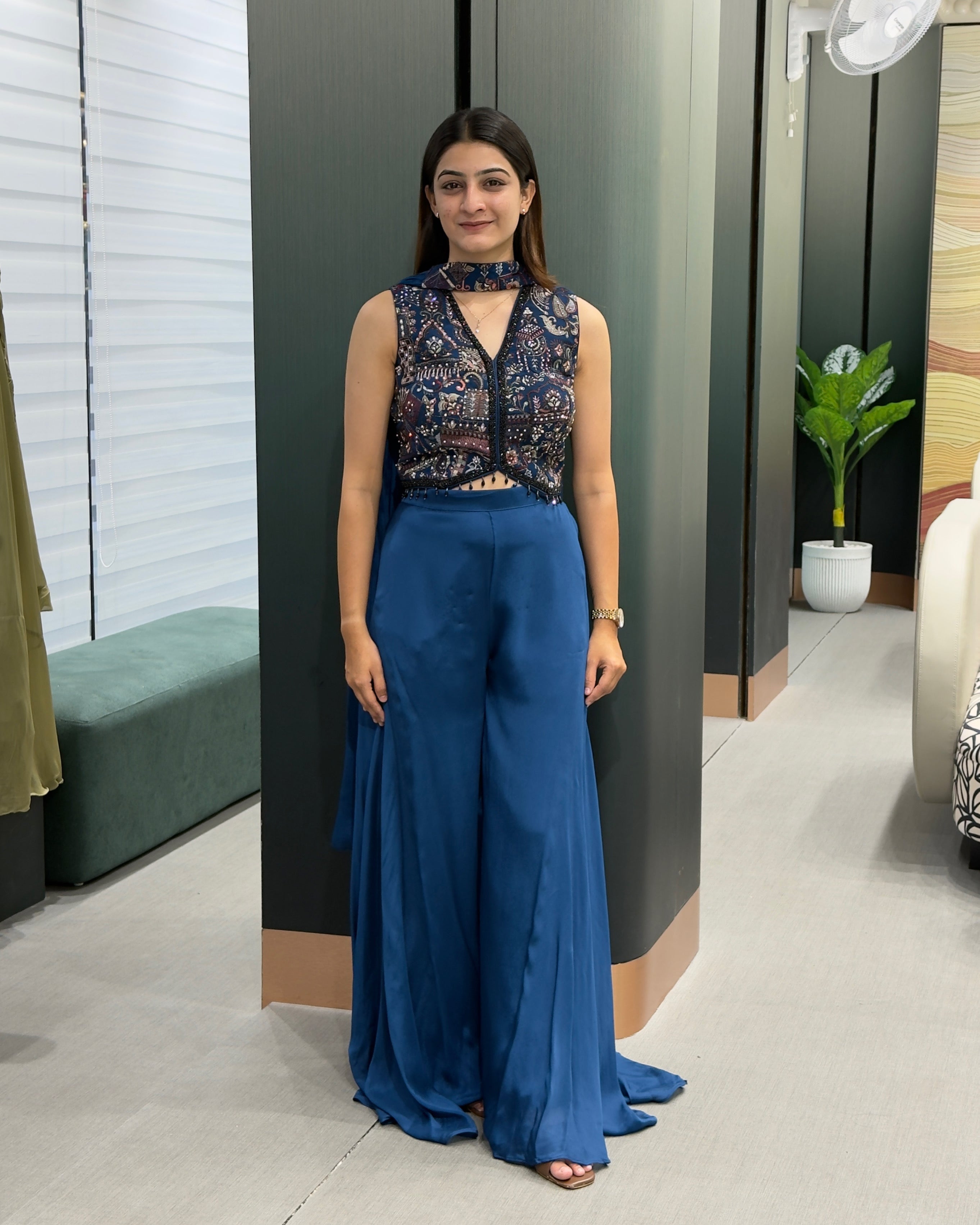 Royal Blue Designer Handworked Co-Ord Set with Palazzo & Neckline Dupatta
