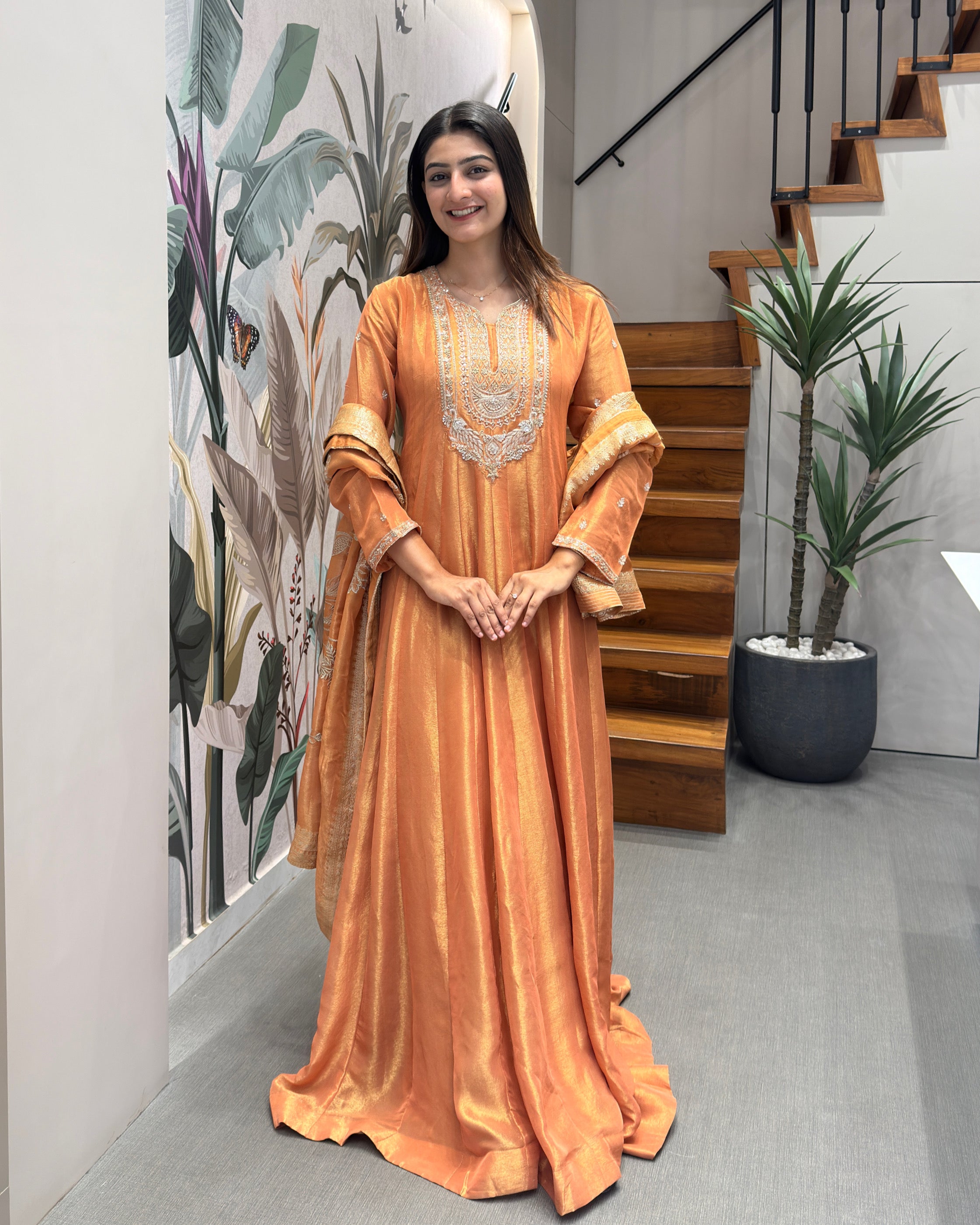 Golden Peach Handworked Full Length Designer Gown Set with Dupatta