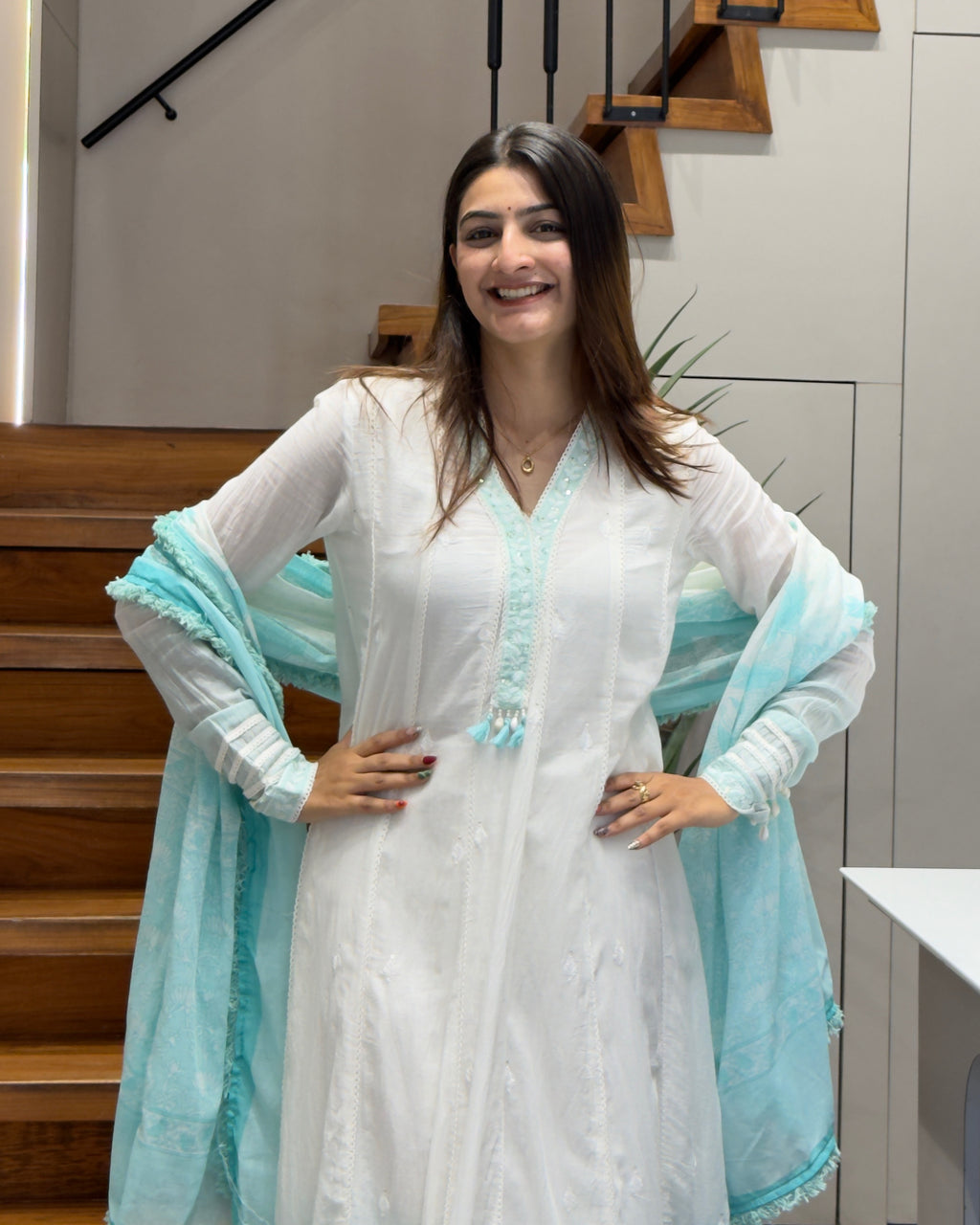 Elegant White & Aqua Cotton Three Piece Suit Set