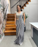Elegant Grey Handworked Drape Saree Set