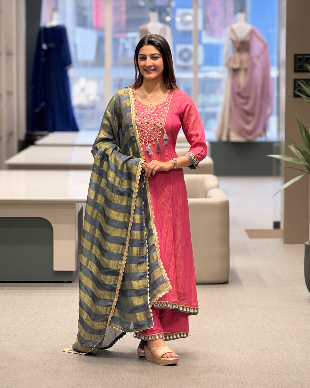 Pink with Grey Dupatta