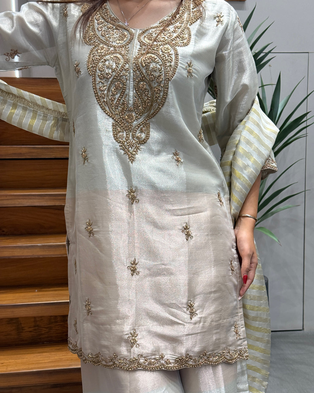 Elegant Handworked Tissue Silk Kurta Palazzo Set with Designer Dupatta