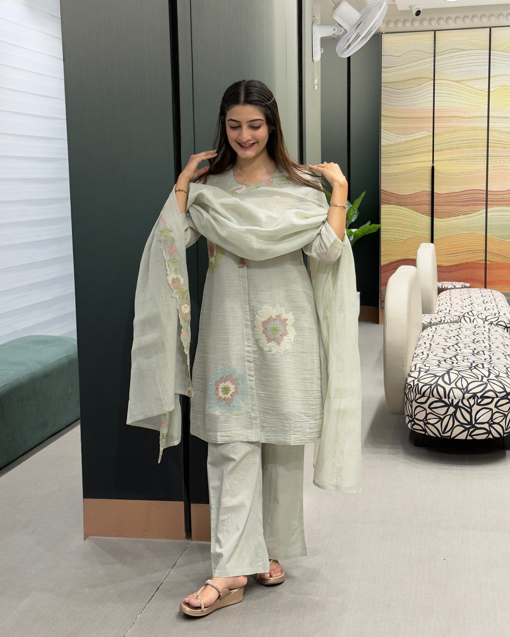 Floral Pure Mal Cotton 3-Piece Kurta Set with Dupatta