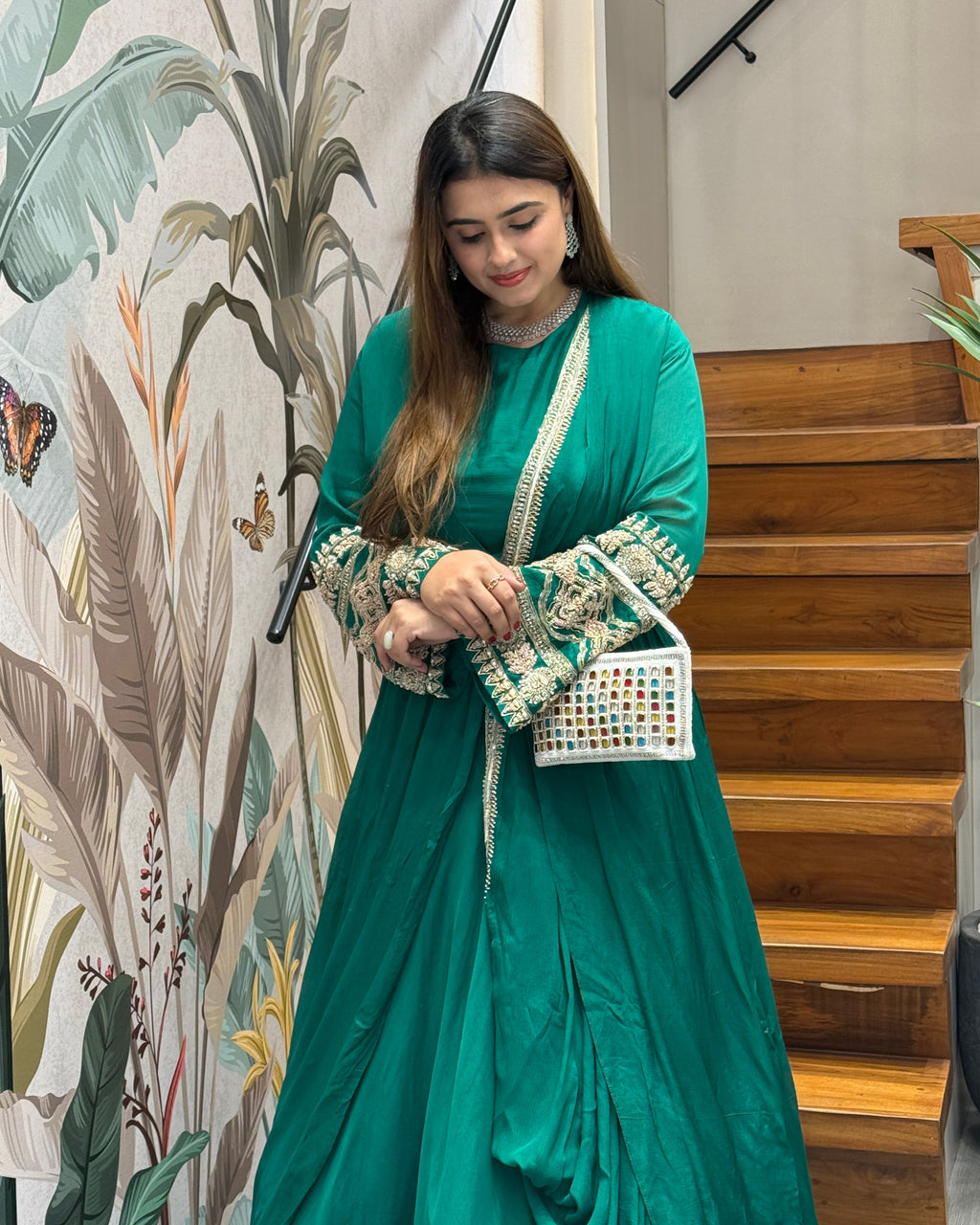 Designer Cape Style Handworked Gown