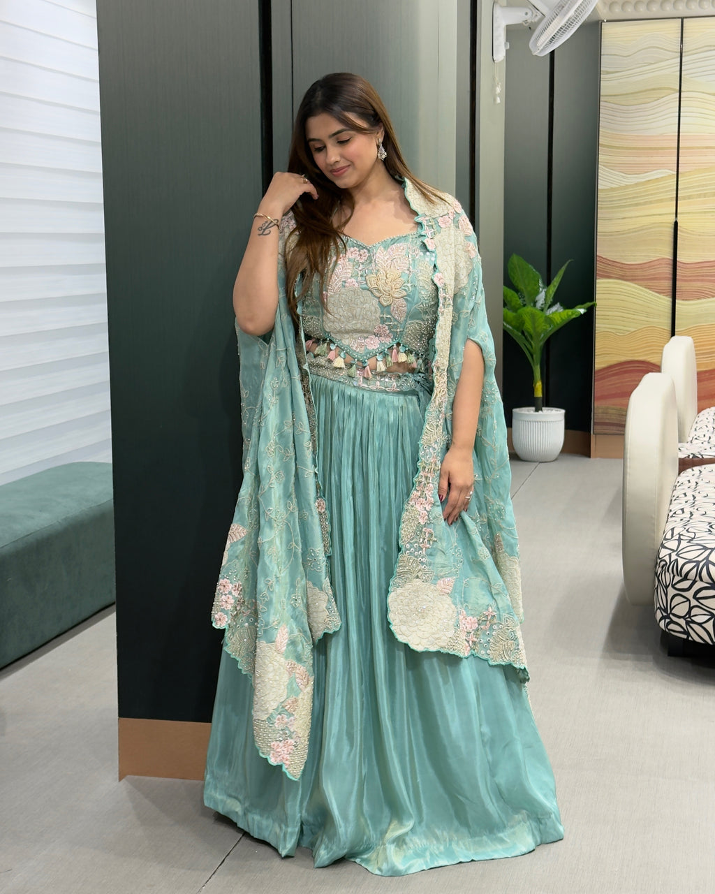 Elegant Sea Green Handworked Inner, Coti & Lehenga Set