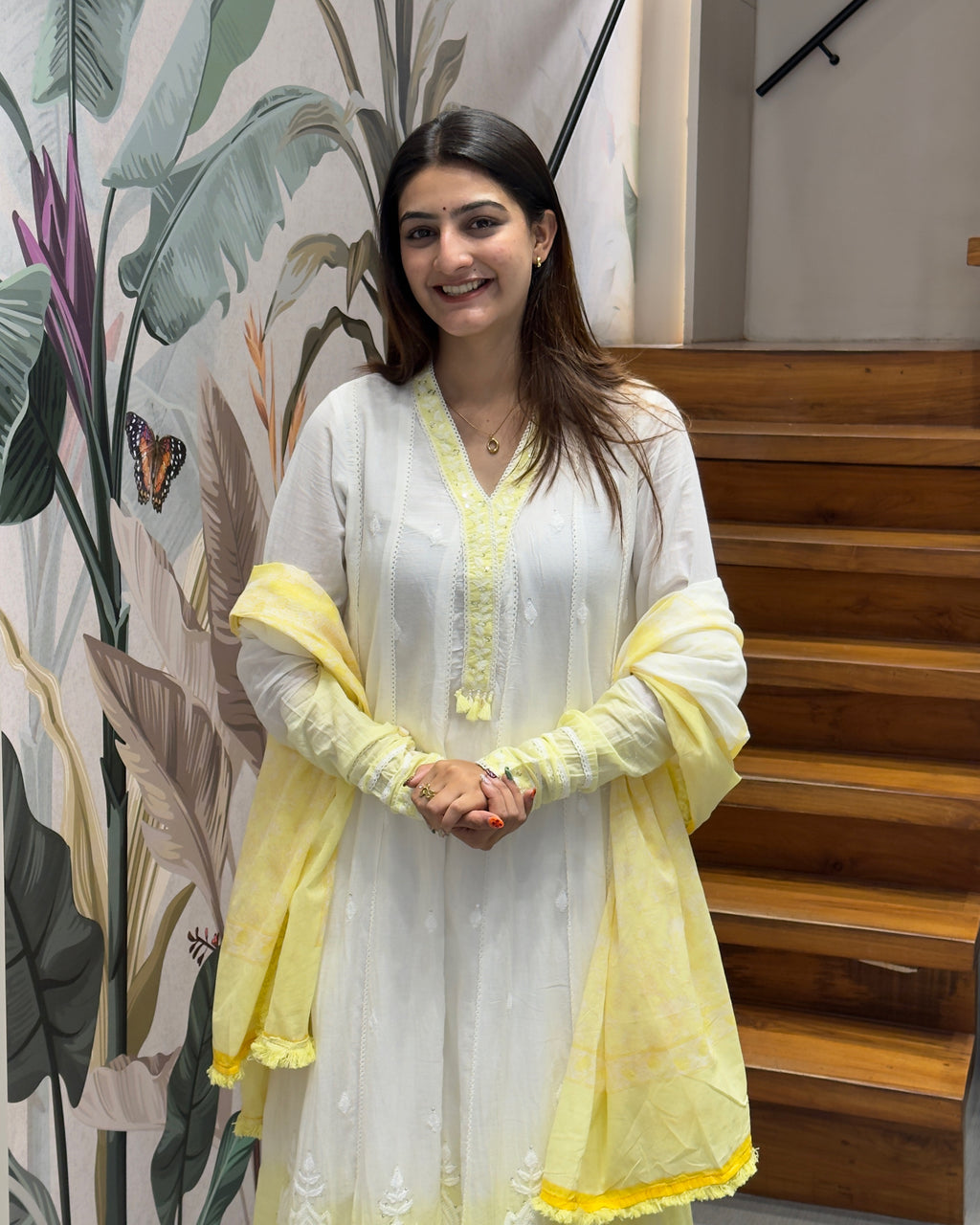 Elegant White & Lemon Yellow Dual Tone Cotton Three Piece Suit Set