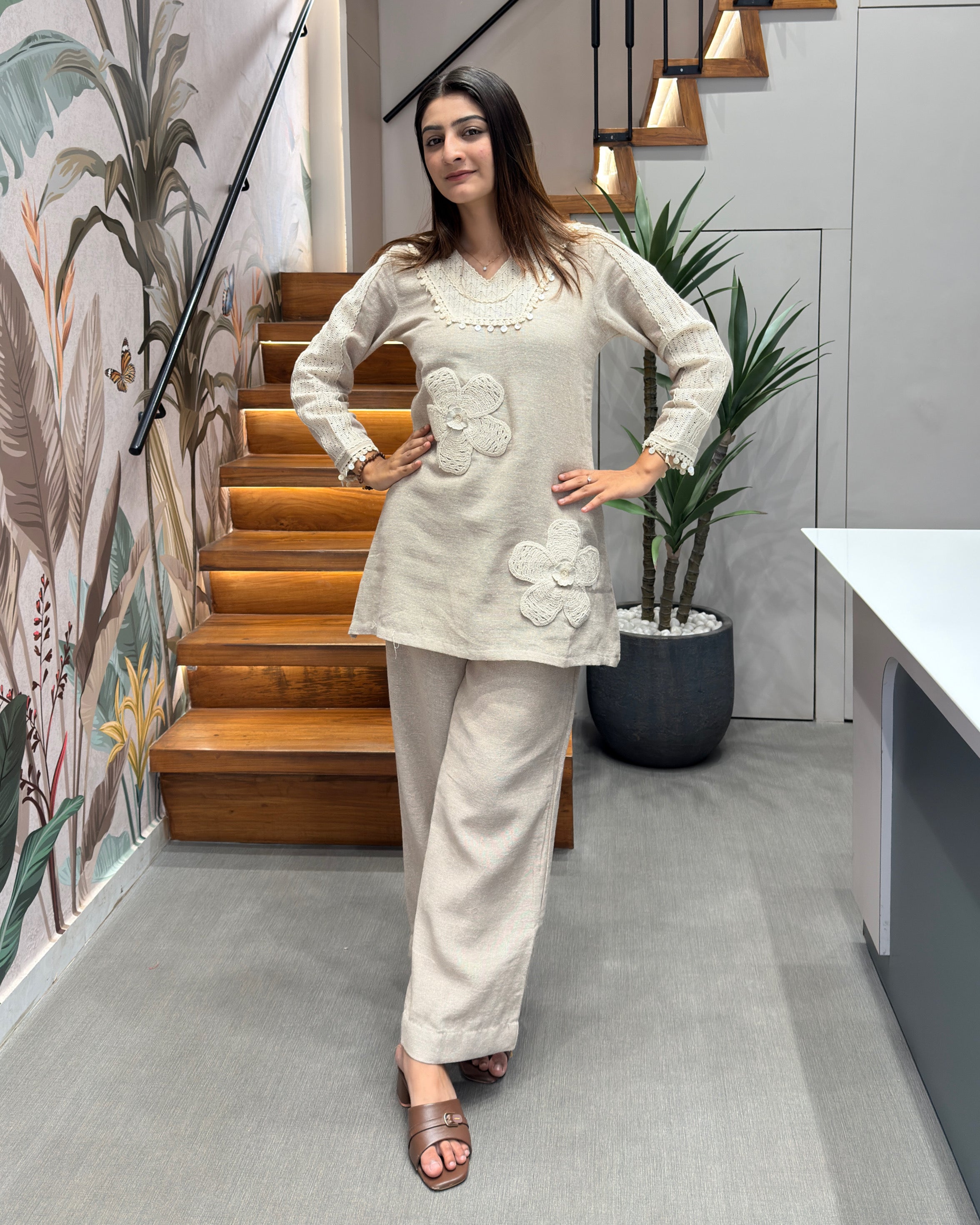 Elegant Cotton Floral Appliqué Co-Ord Set