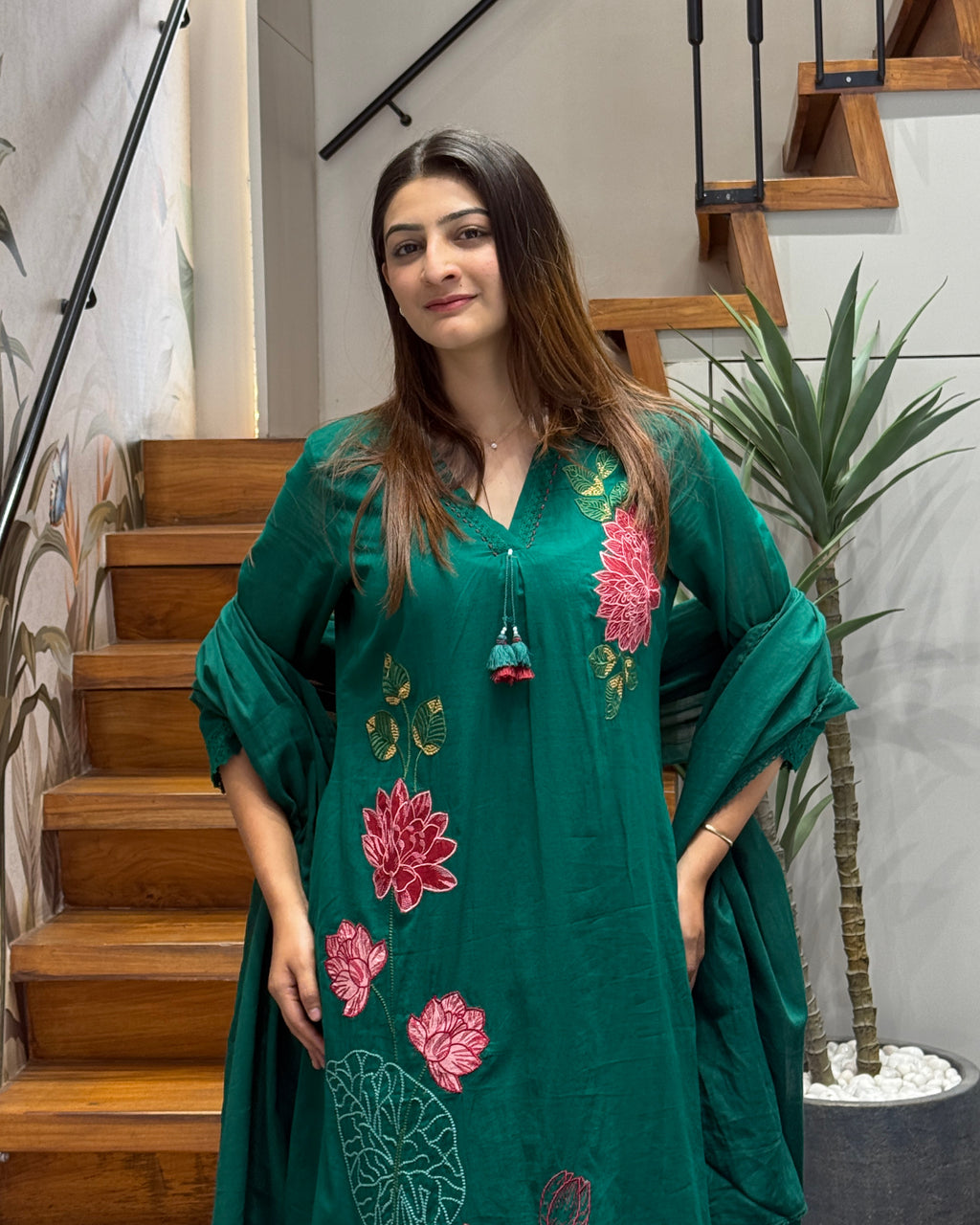 🌸 Emerald Bloom Cotton Embroidered Suit Set 🌸