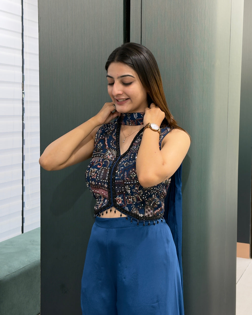 Royal Blue Designer Handworked Co-Ord Set with Palazzo & Neckline Dupatta