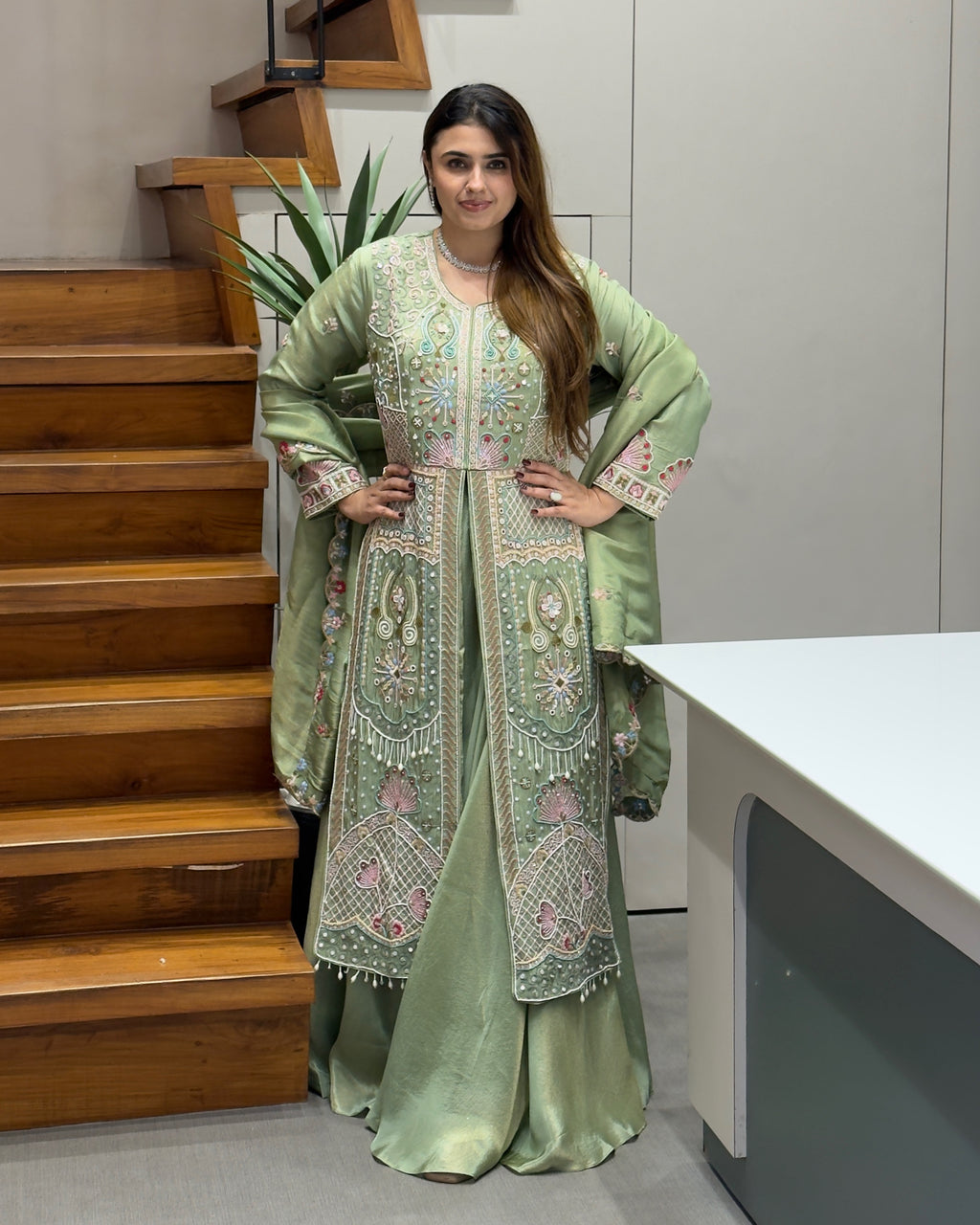Designer Thread Embroidered 3-Piece Palazzo Set with Dupatta