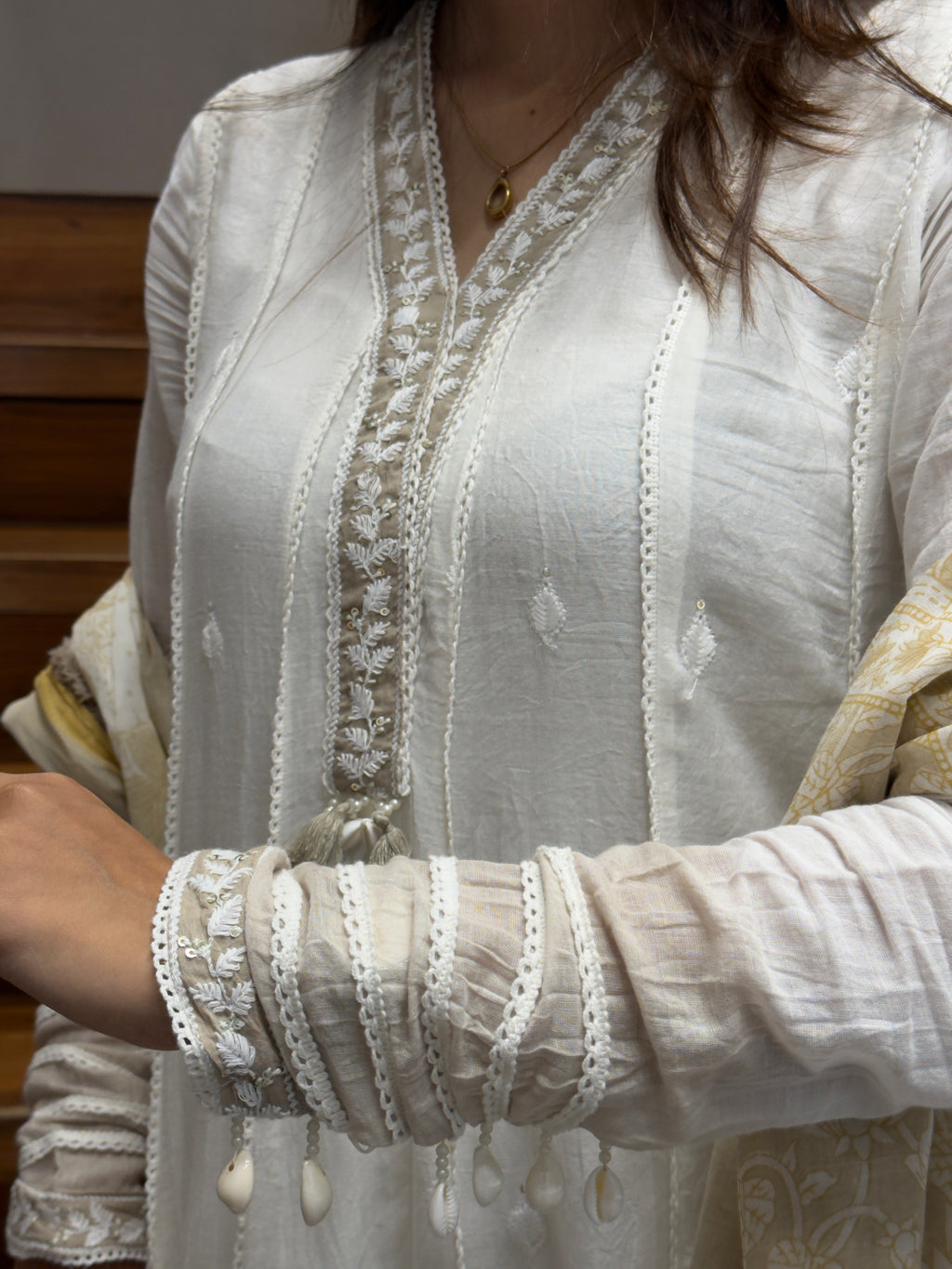 Elegant Ivory & Beige Dual Tone Cotton Three Piece Suit Set