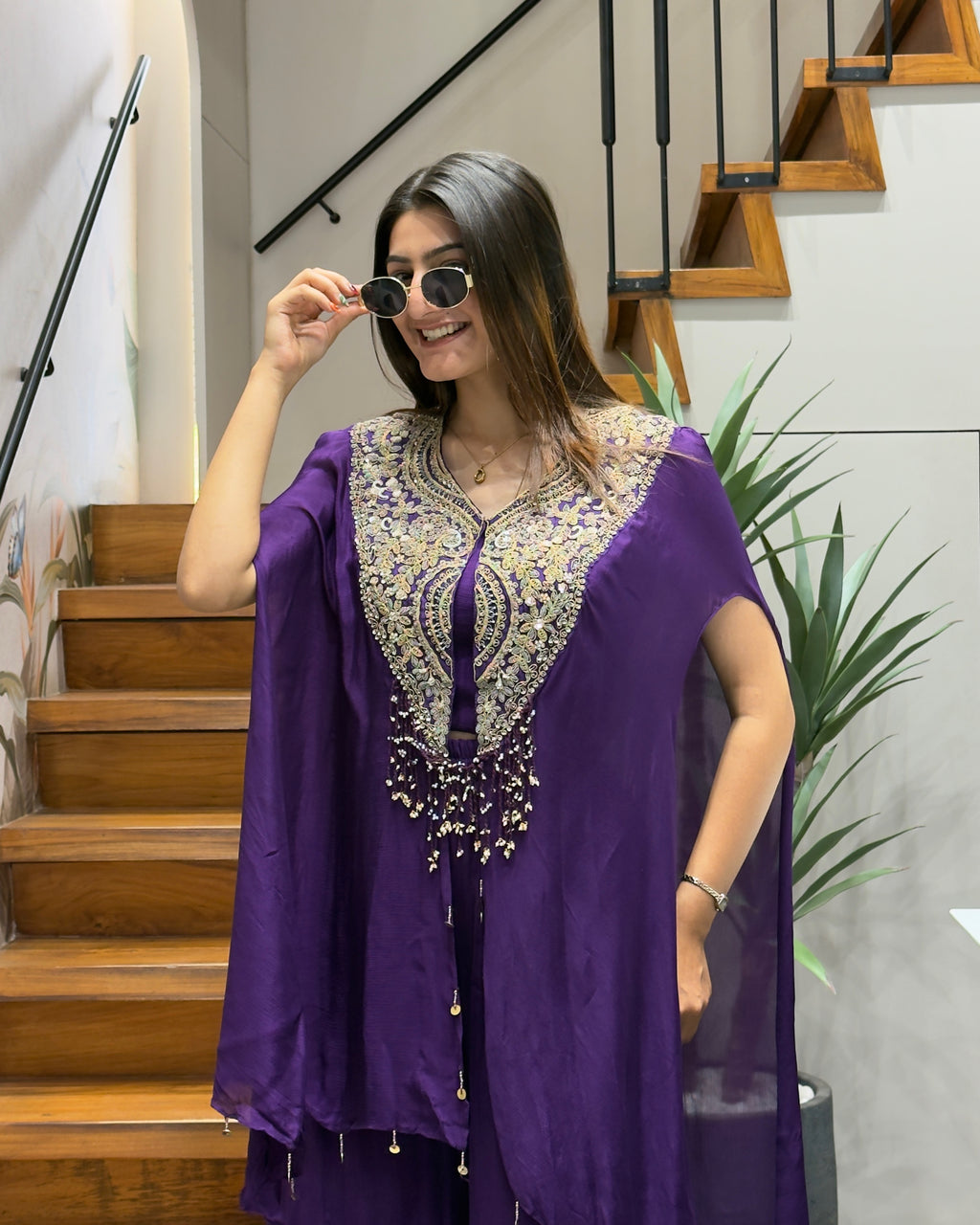 Royal Purple Handworked Kaftan Co-ord Set with Palazzo
