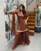 Elegant Handworked Rust Brown Palazzo Set with Dupatta