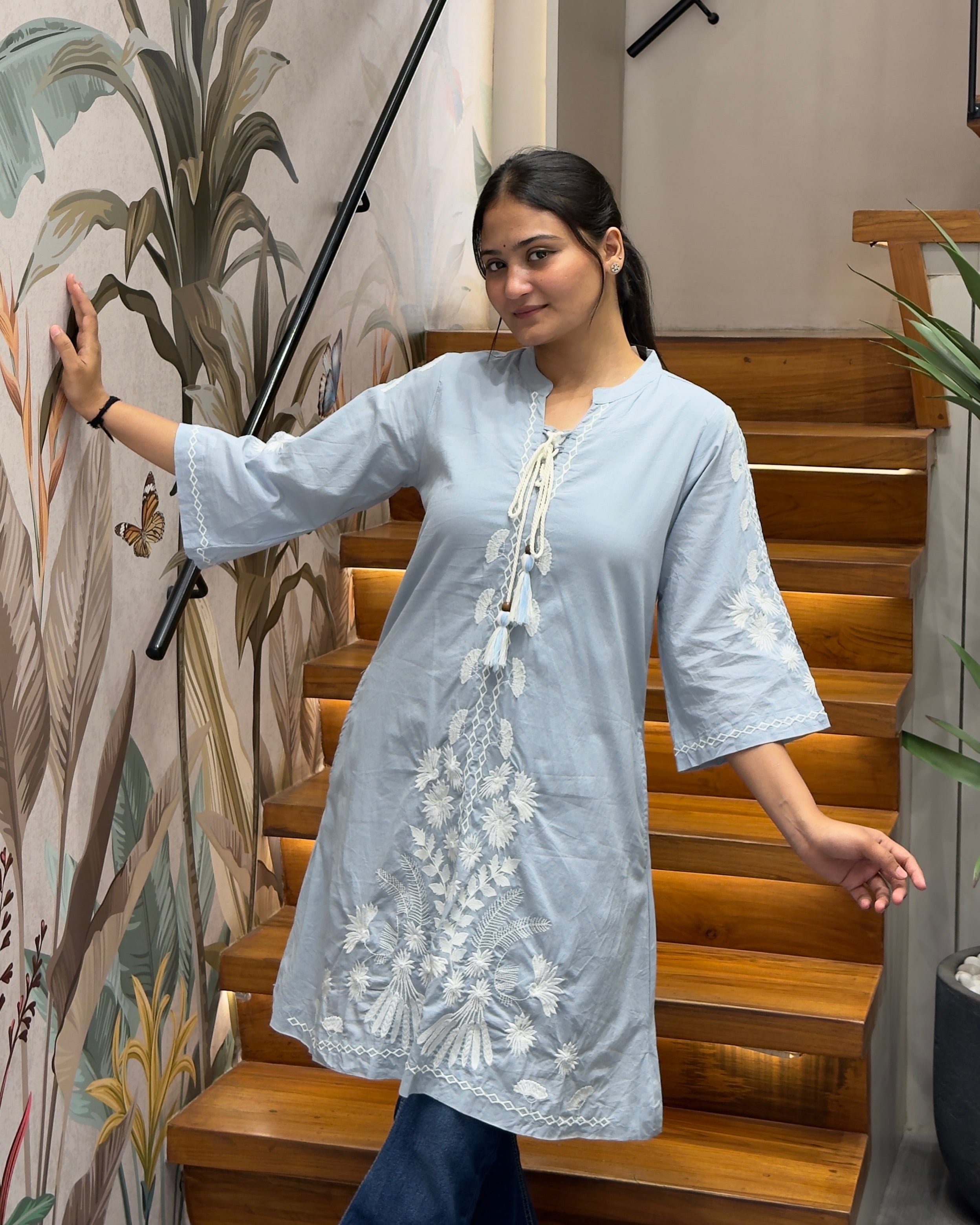 Elegant Sky Blue Embroidered Short Kurti