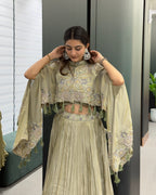 Sage Green Designer Handworked Cape Style Lehenga Set with Inner