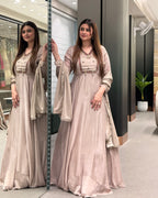 Elegant Beige Handworked Flared Gown Set with Dupatta