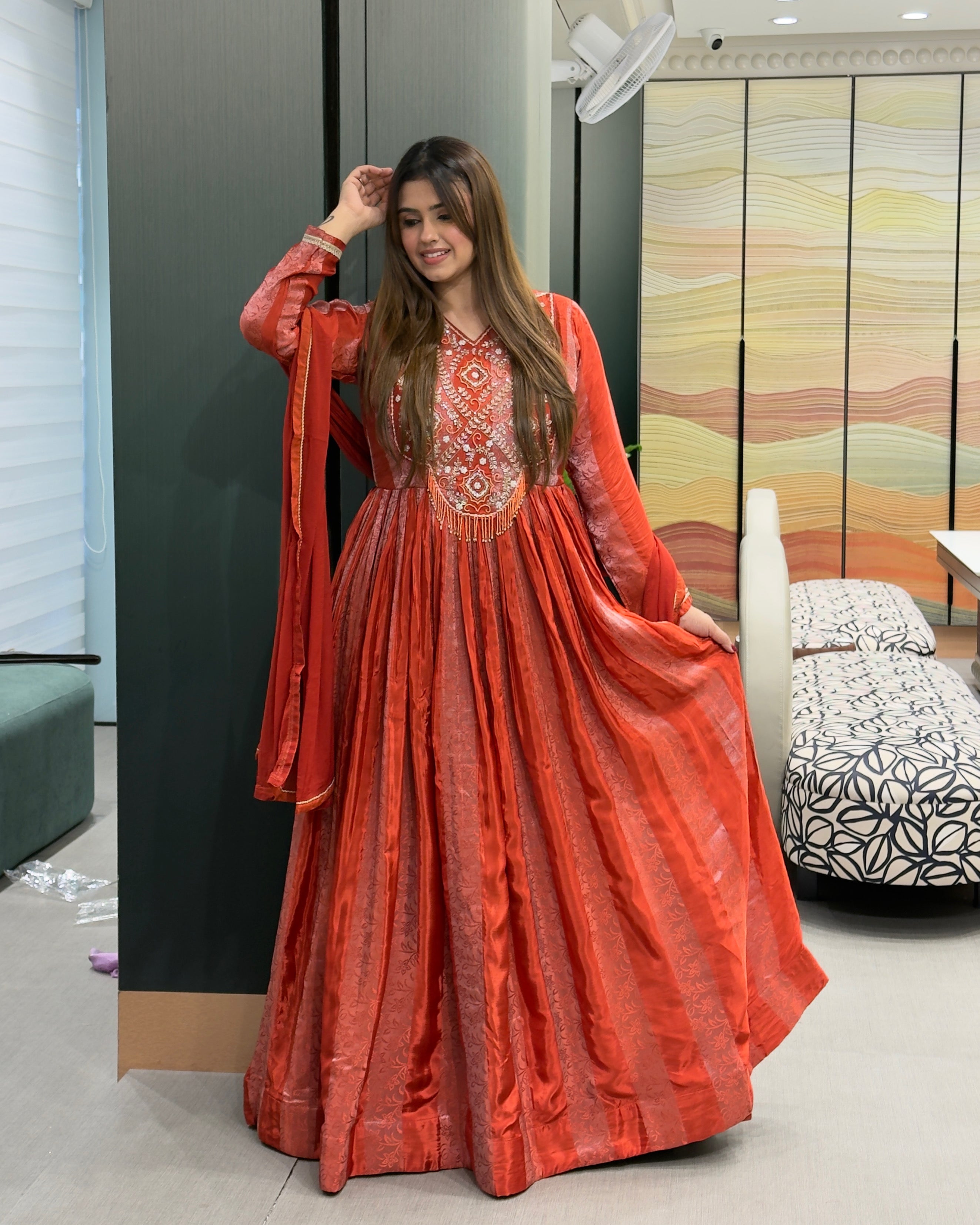 Elegant Red & Orange Handworked Anarkali Gown with Dupatta