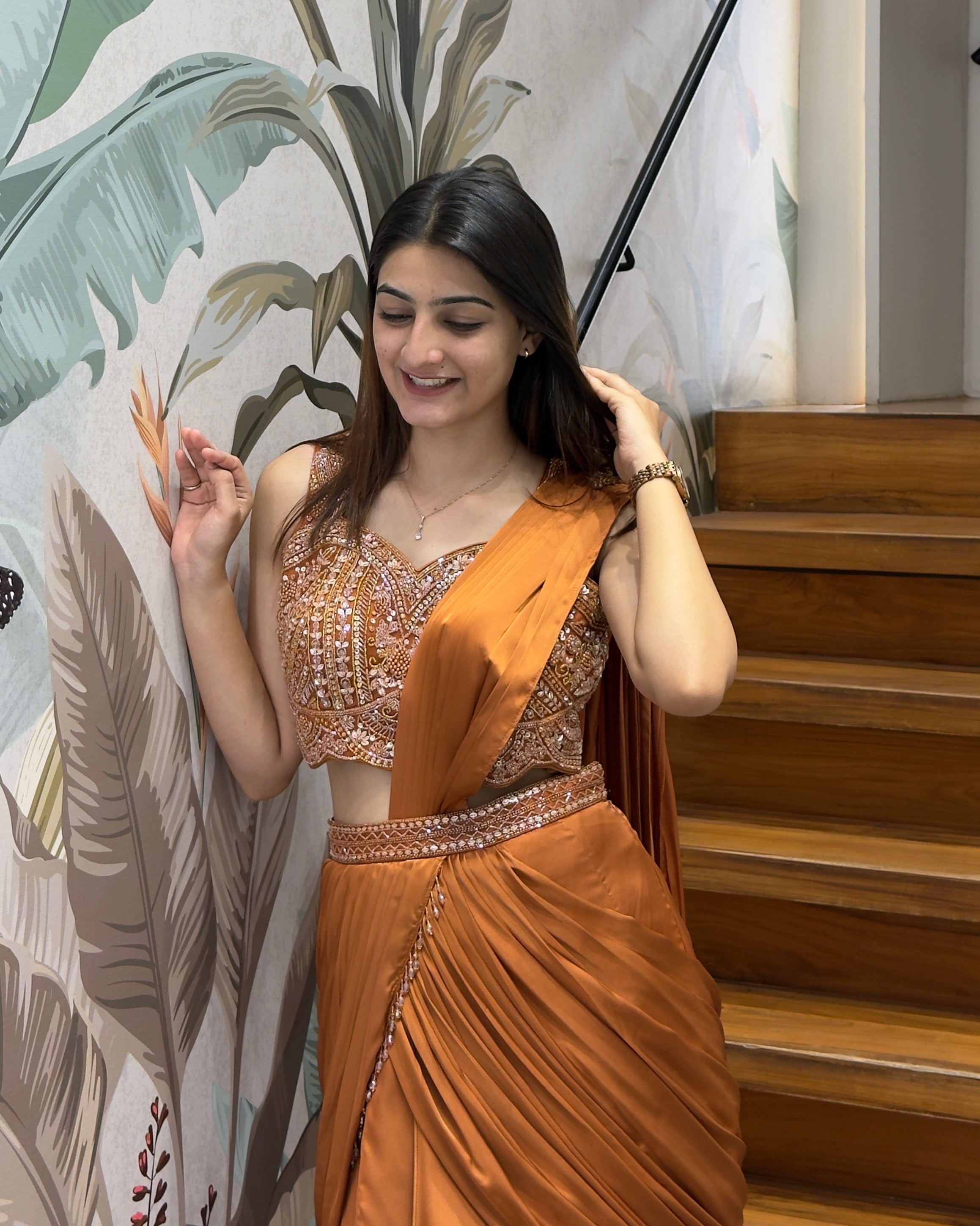 Rust Brown Designer Handworked Fish Cut Lehenga Set with Attached Dupatta