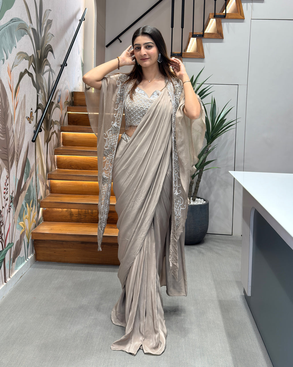 Elegant Taupe Handworked Saree Set with Designer Shrug