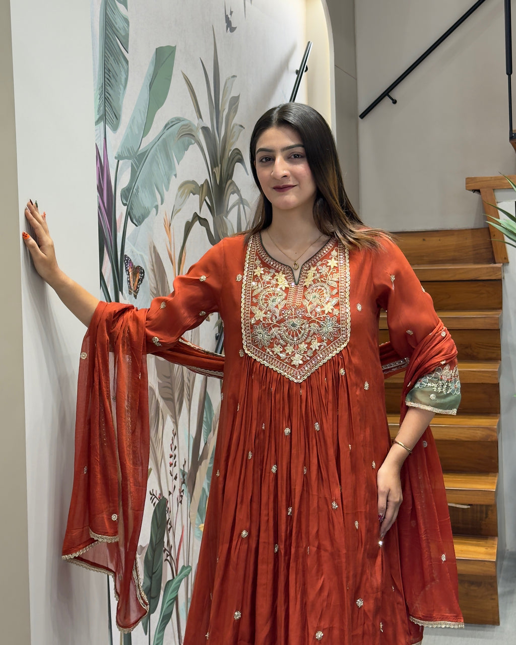 Elegant Rust Orange Handwork Three Piece Suit Set