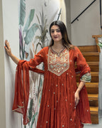 Elegant Rust Orange Handwork Three Piece Suit Set