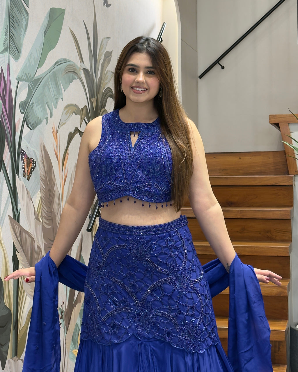 Royal Blue Pure Handworked Fish Cut Lehenga Set with Designer Blouse & Dupatta
