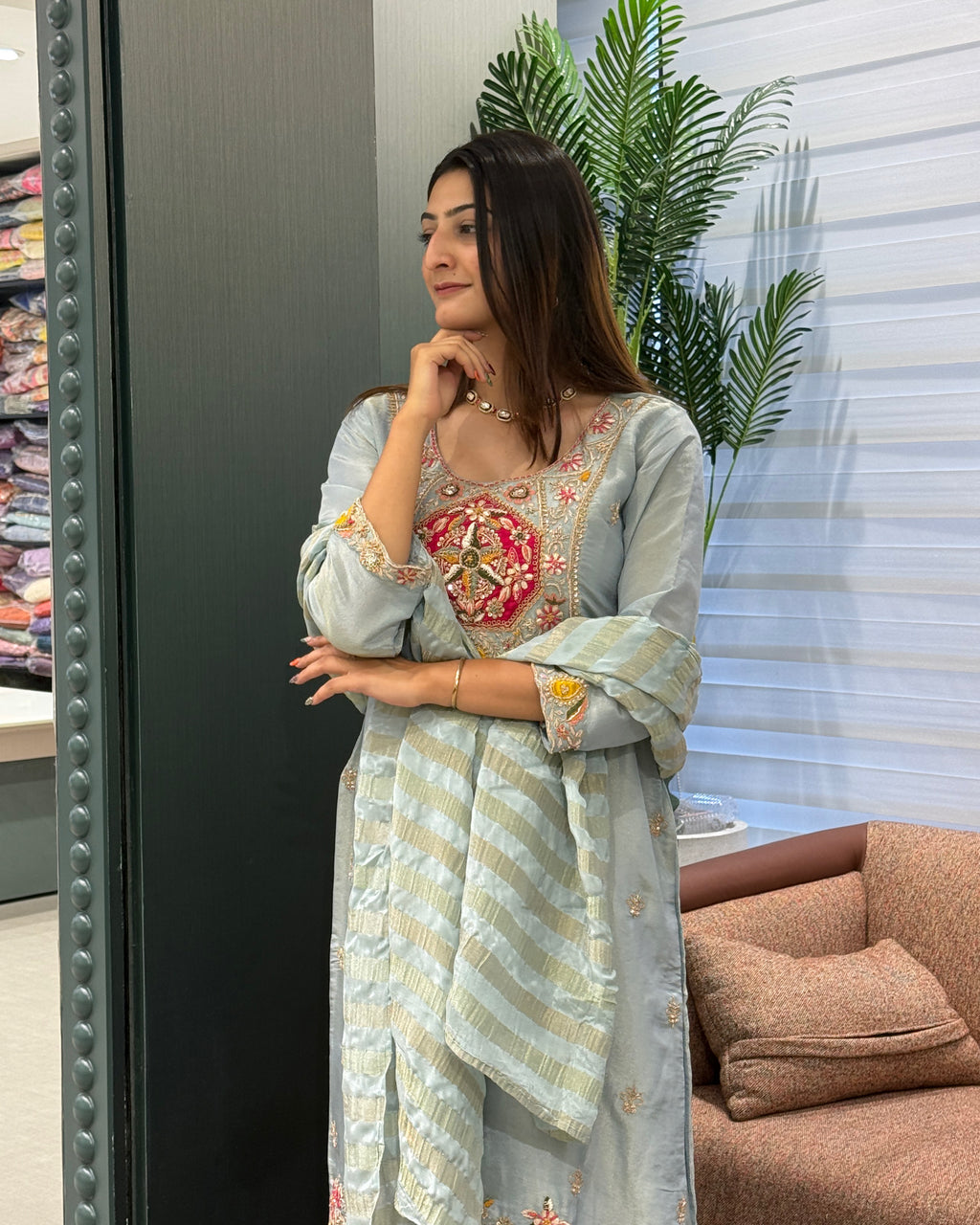Elegant Ice Blue Handwork Three Piece Suit Set