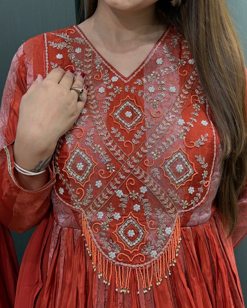Elegant Red & Orange Handworked Anarkali Gown with Dupatta