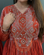 Elegant Red & Orange Handworked Anarkali Gown with Dupatta