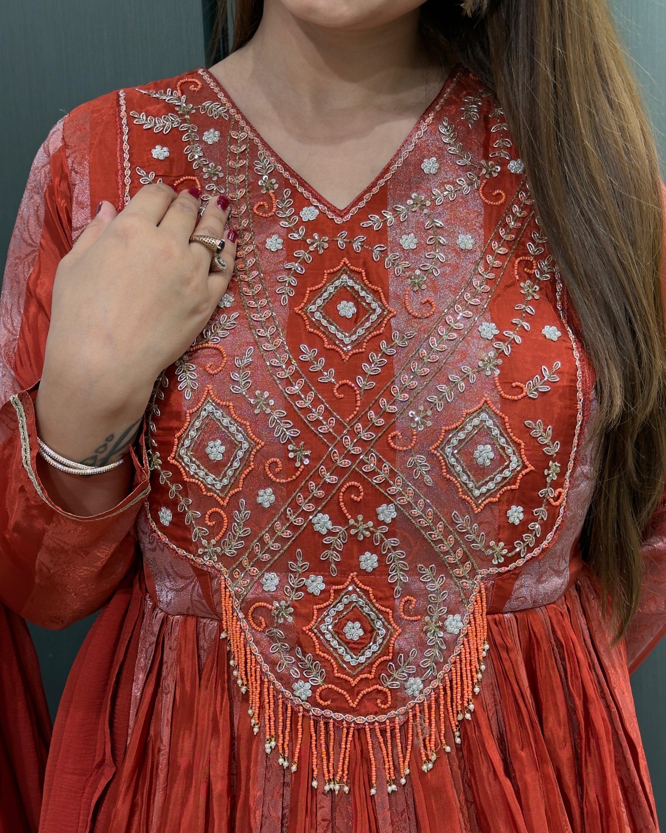 Elegant Red & Orange Handworked Anarkali Gown with Dupatta