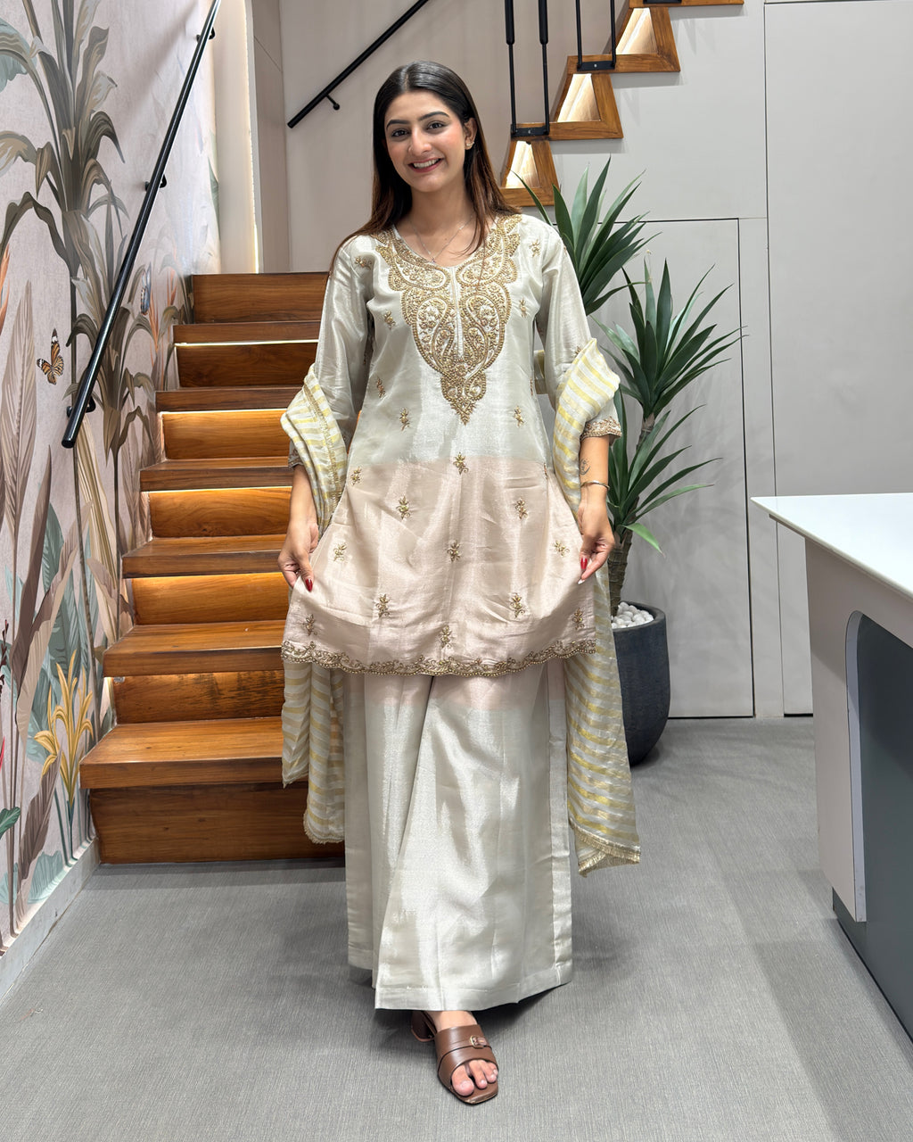 Elegant Handworked Tissue Silk Kurta Palazzo Set with Designer Dupatta