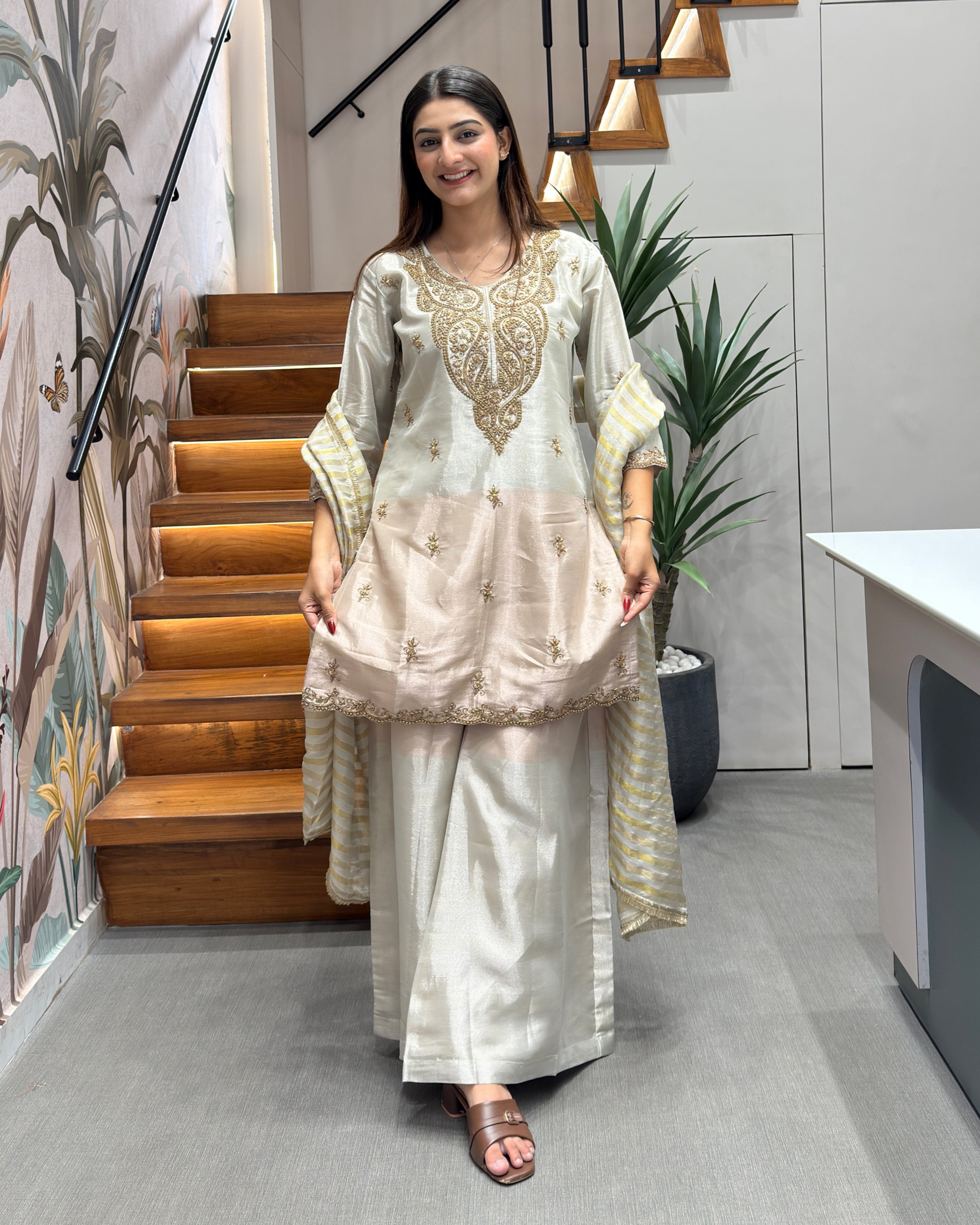 Elegant Handworked Tissue Silk Kurta Palazzo Set with Designer Dupatta