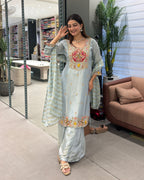Elegant Ice Blue Handwork Three Piece Suit Set