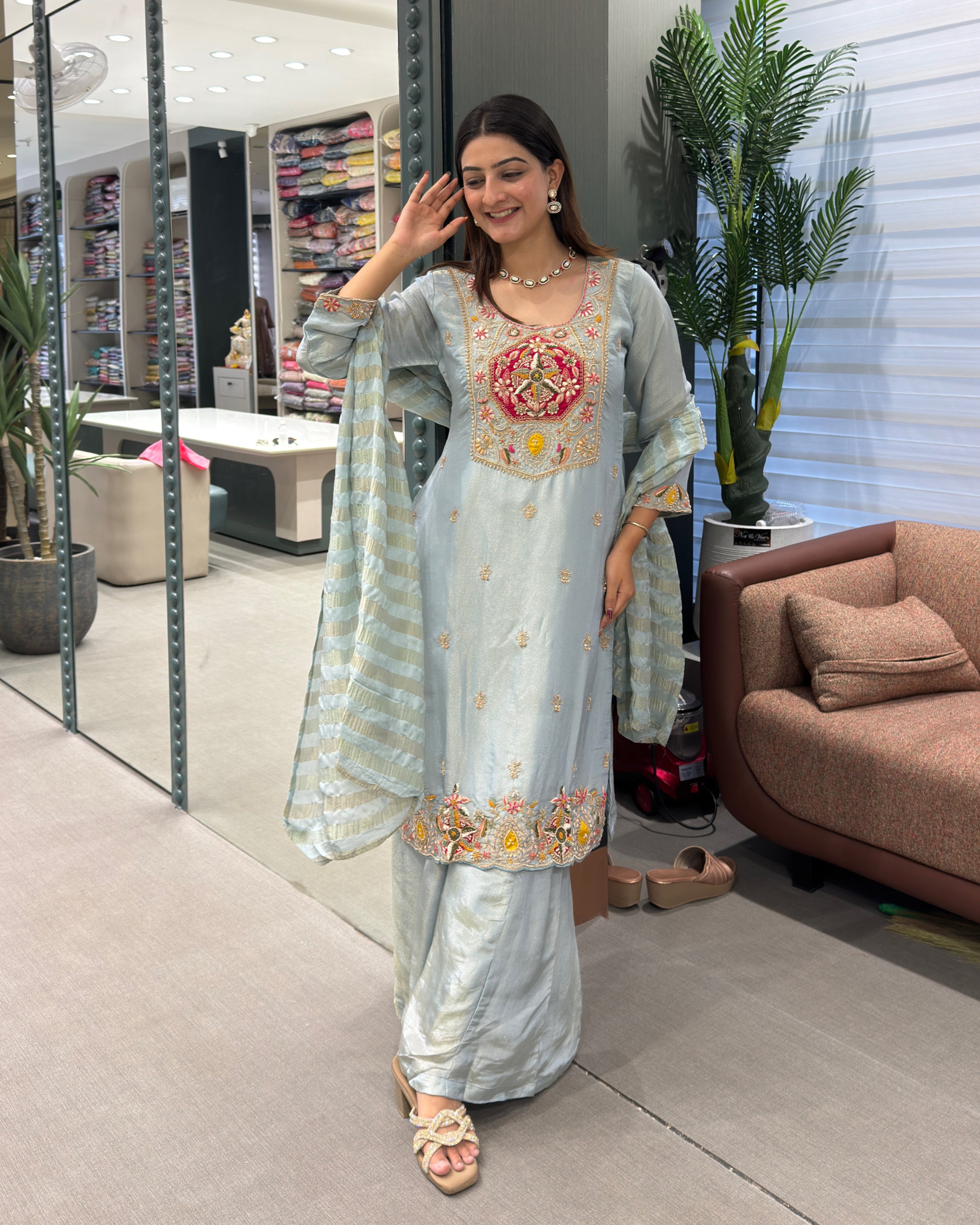 Elegant Ice Blue Handwork Three Piece Suit Set