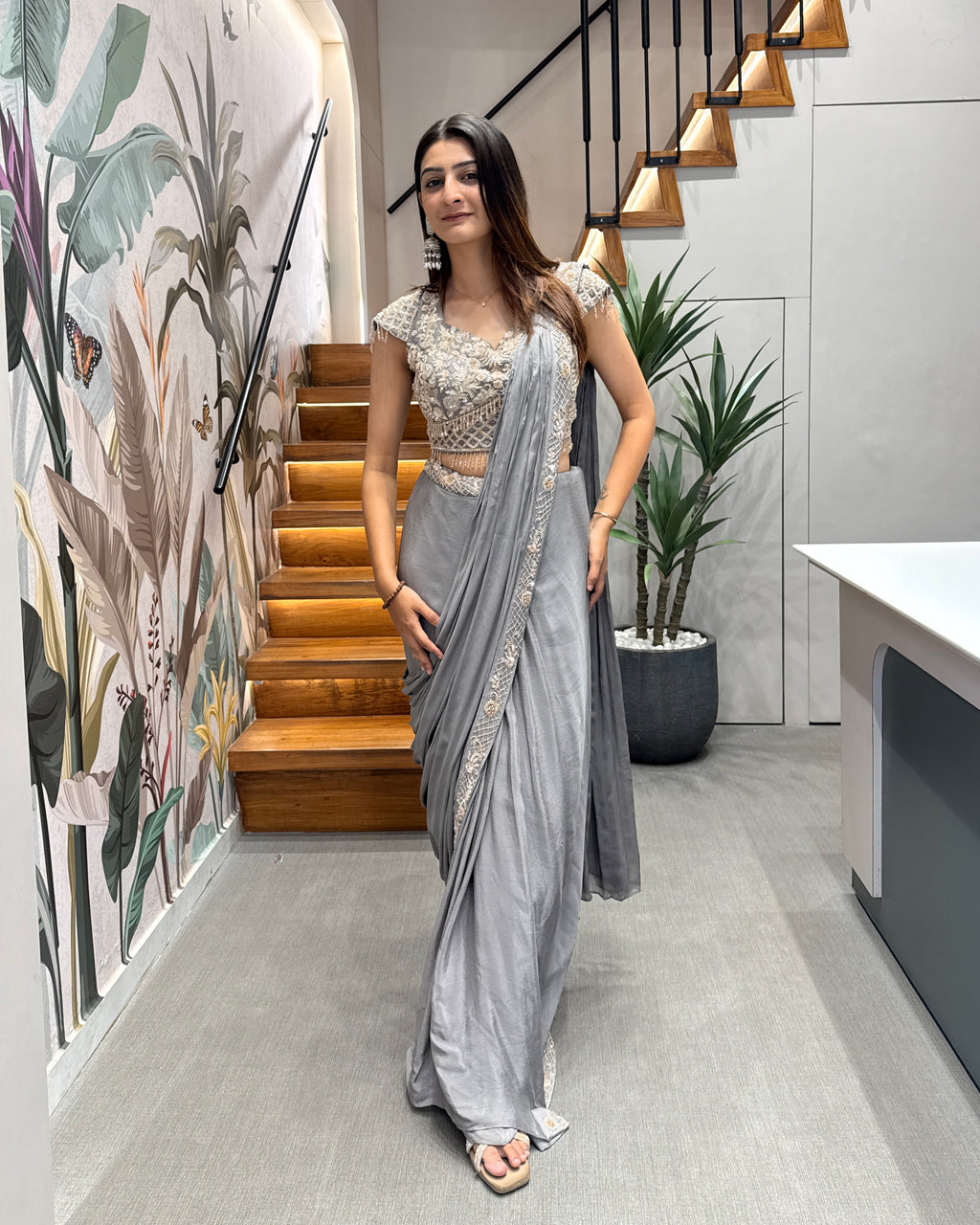 Elegant Grey Handworked Drape Saree Set