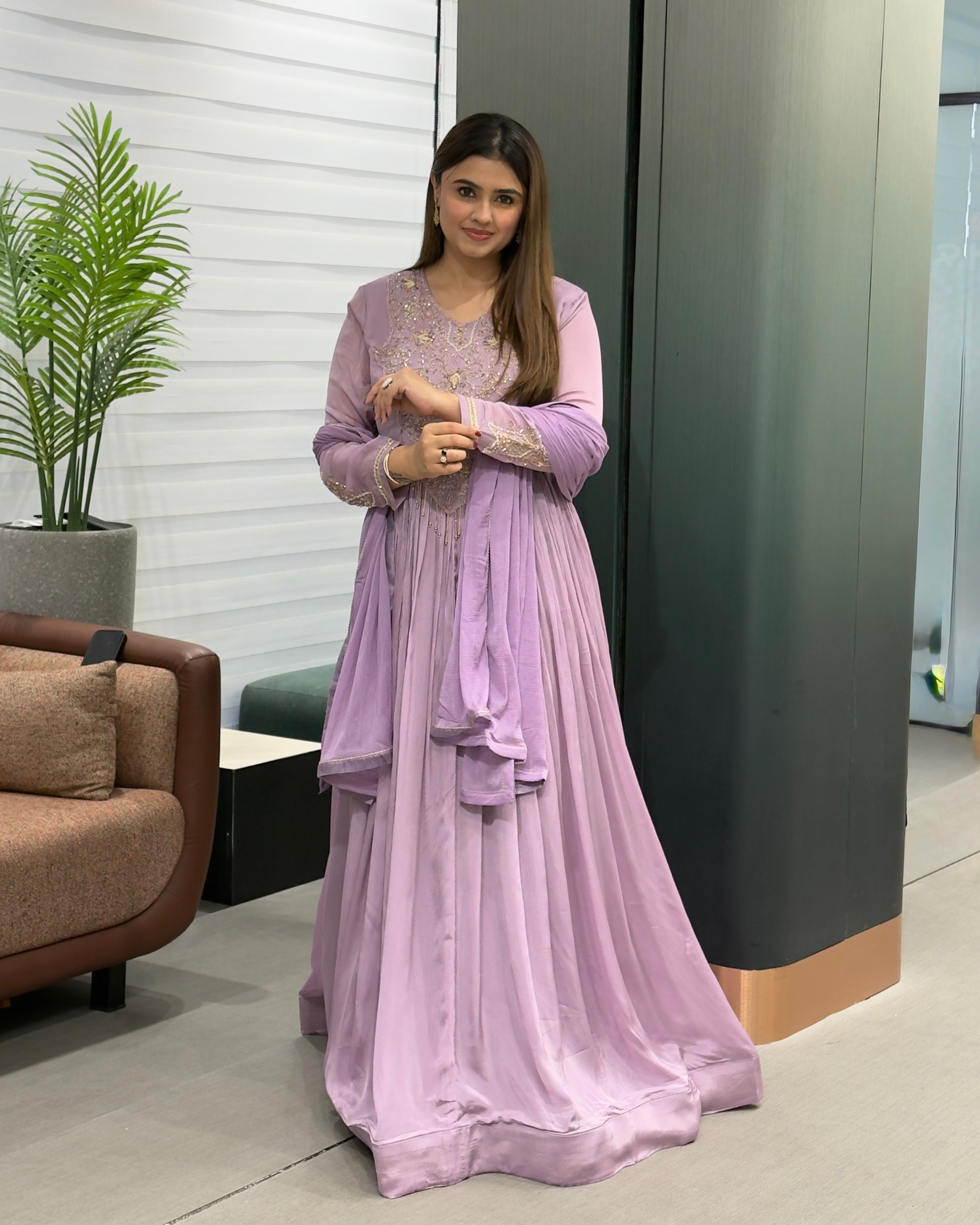 Lavender Handworked Flared Gown Set with Dupatta