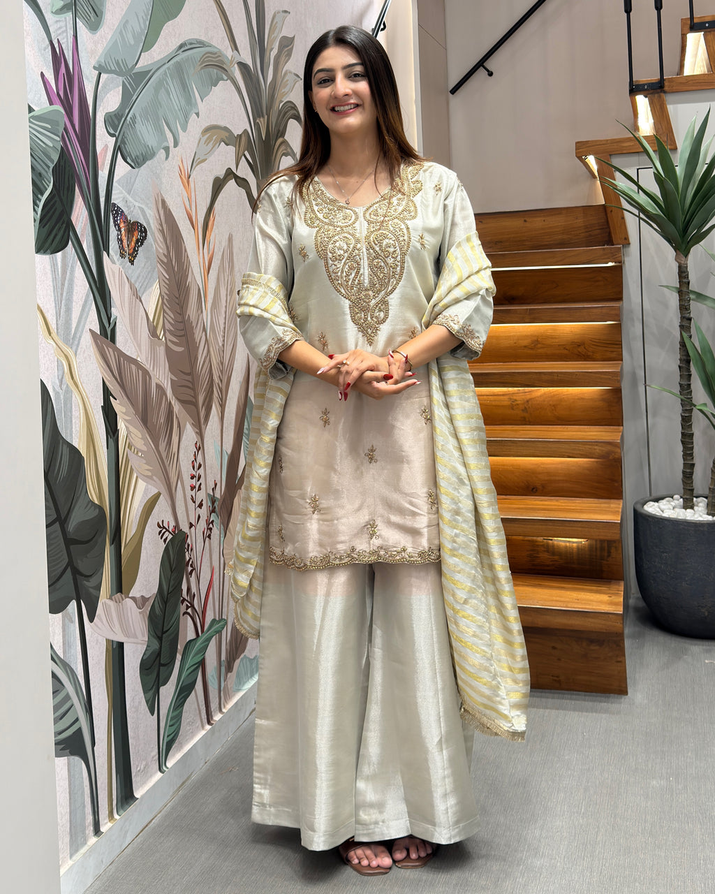Elegant Handworked Tissue Silk Kurta Palazzo Set with Designer Dupatta