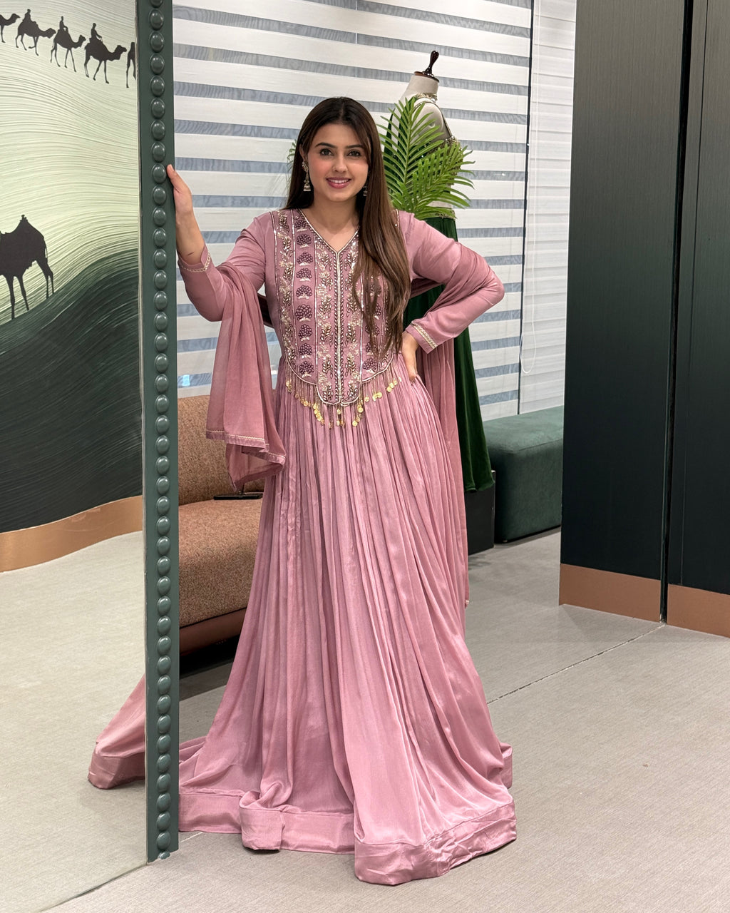 Mauve Handwork Designer Gown Set with Dupatta