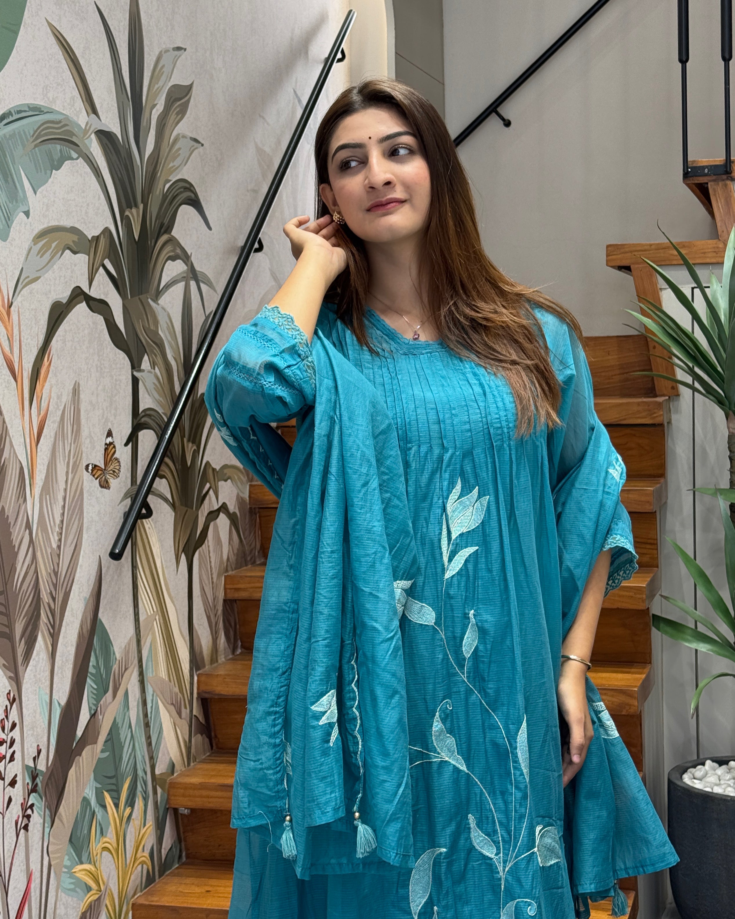 Premium Cotton Embroidered Kurti Pant Set with Dupatta