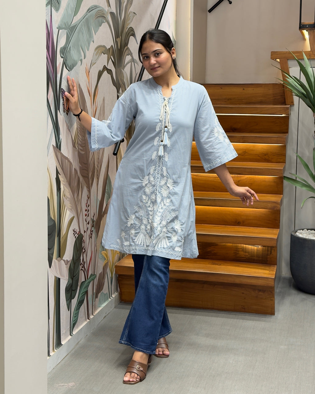 Elegant Sky Blue Embroidered Short Kurti