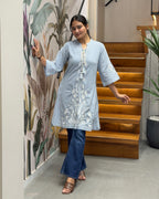 Elegant Sky Blue Embroidered Short Kurti