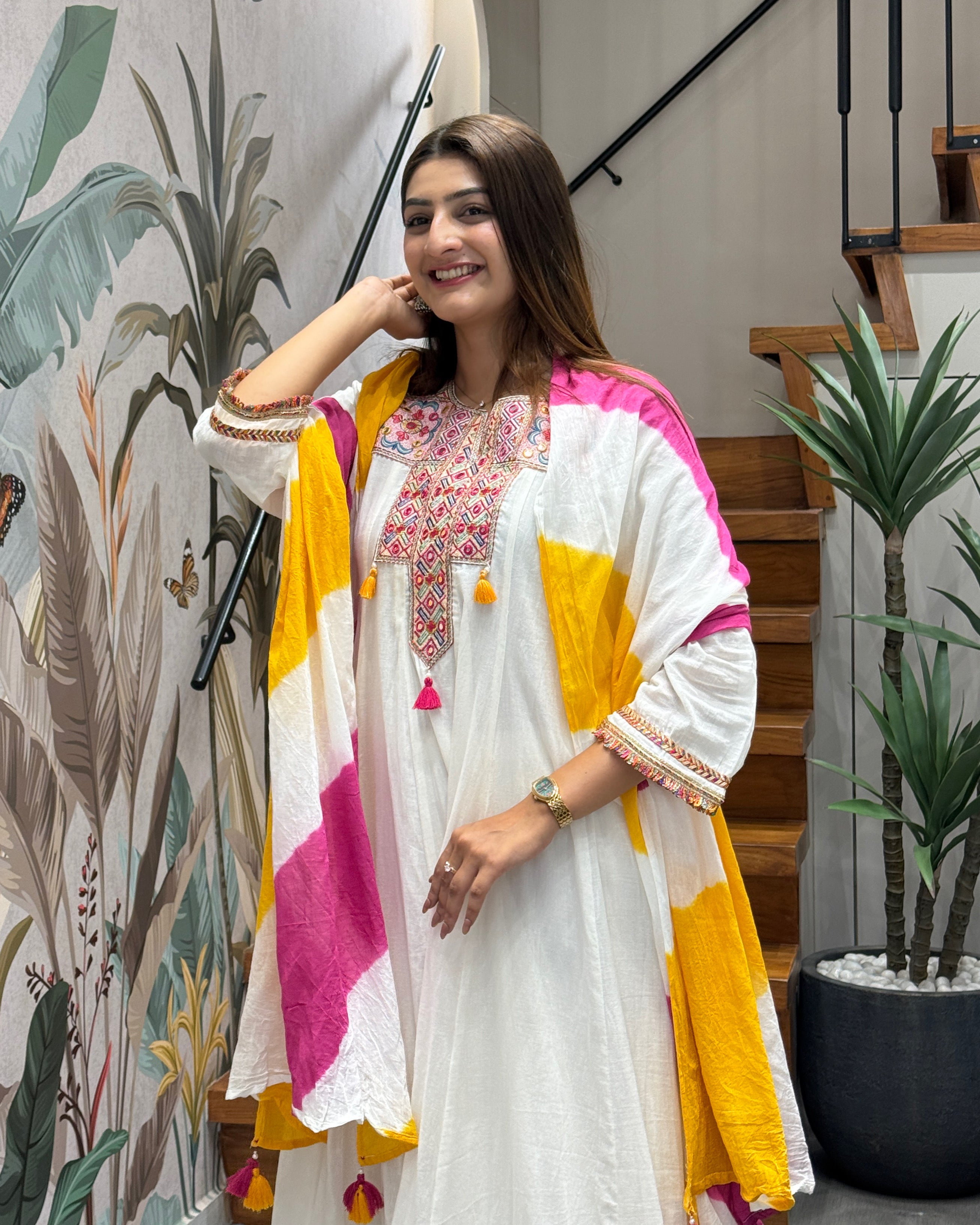 White with Yellow & Pink Multi-Colour