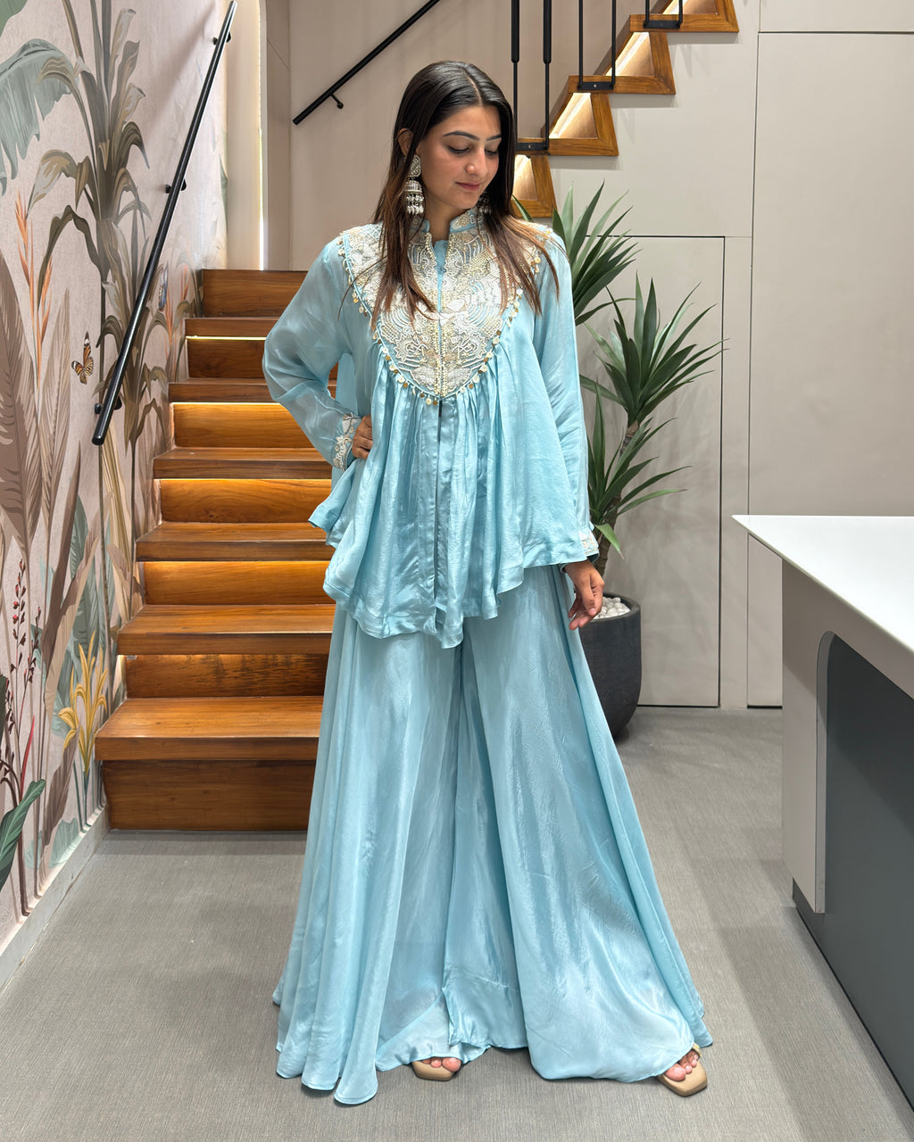 Sky Blue Handworked Peplum Palazzo Set with Dupatta