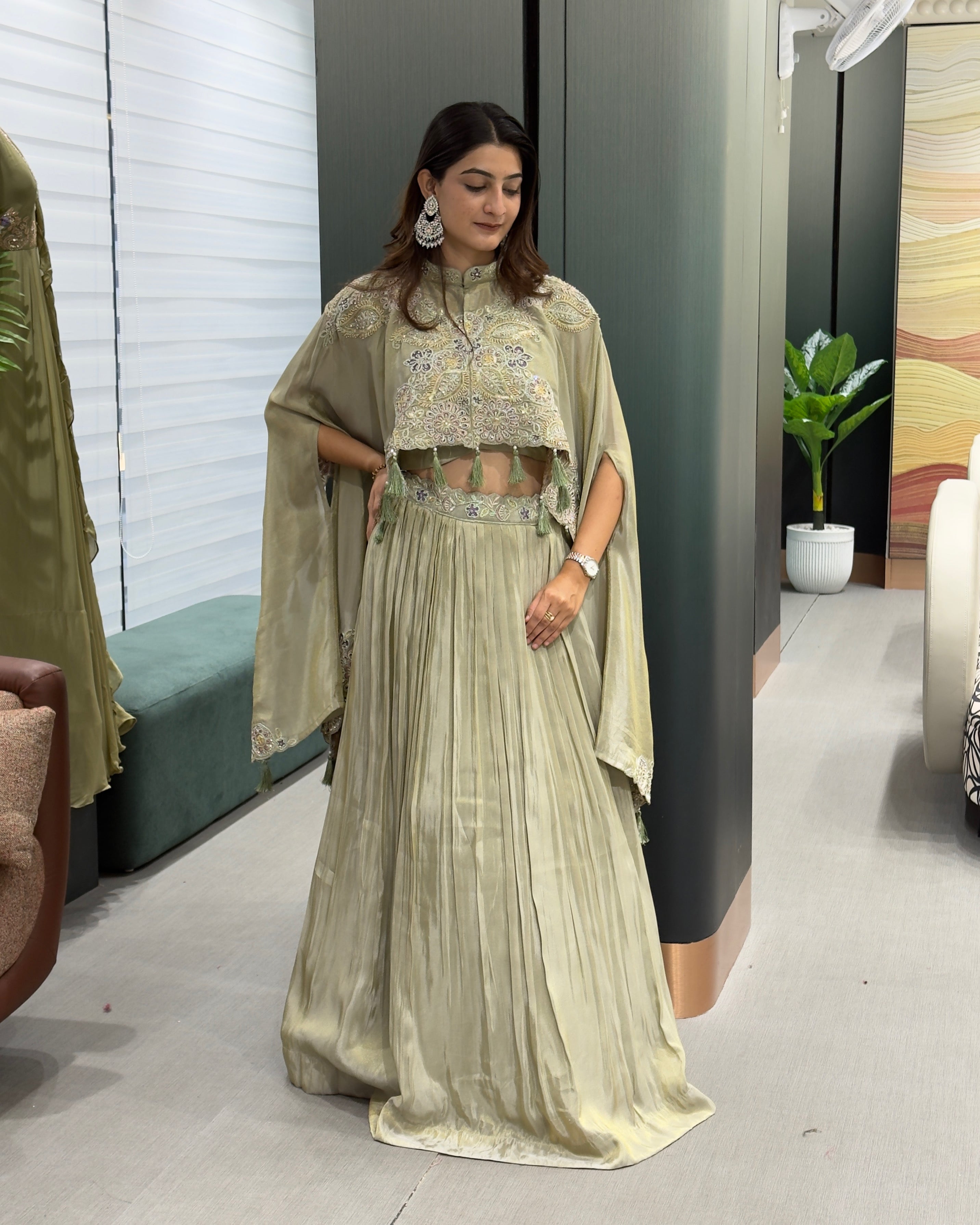 Sage Green Designer Handworked Cape Style Lehenga Set with Inner