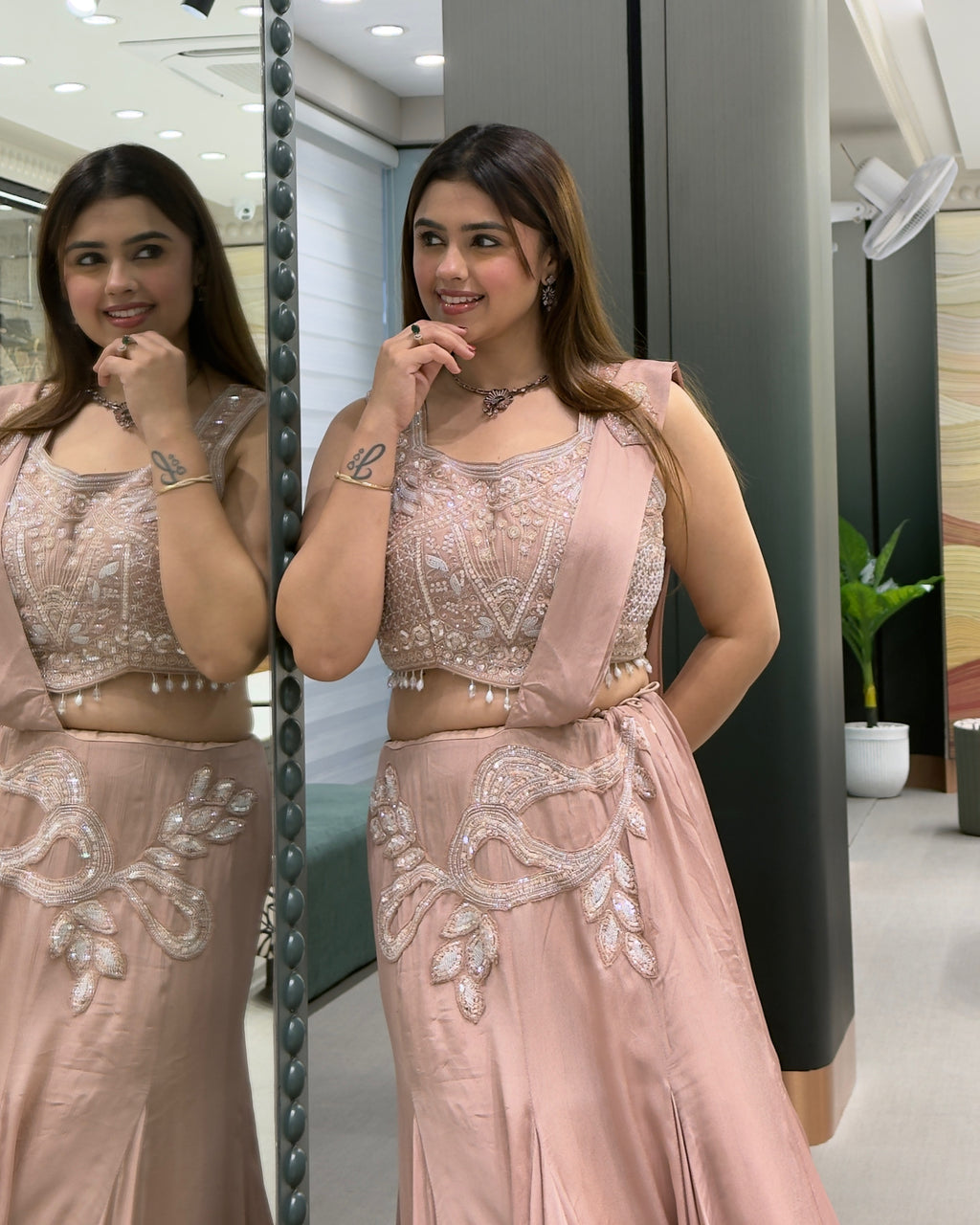 Blush Pink Handworked Fish Cut Lehenga Set with Attached Dupatta
