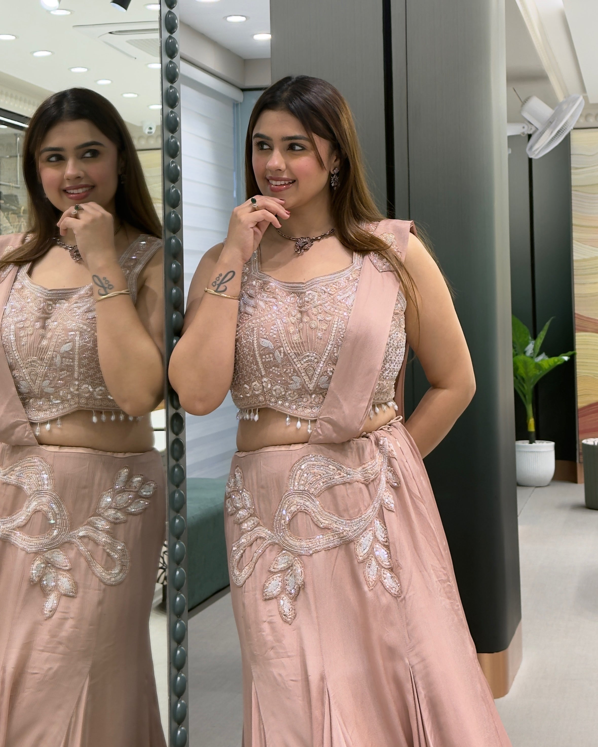 Blush Pink Handworked Fish Cut Lehenga Set with Attached Dupatta