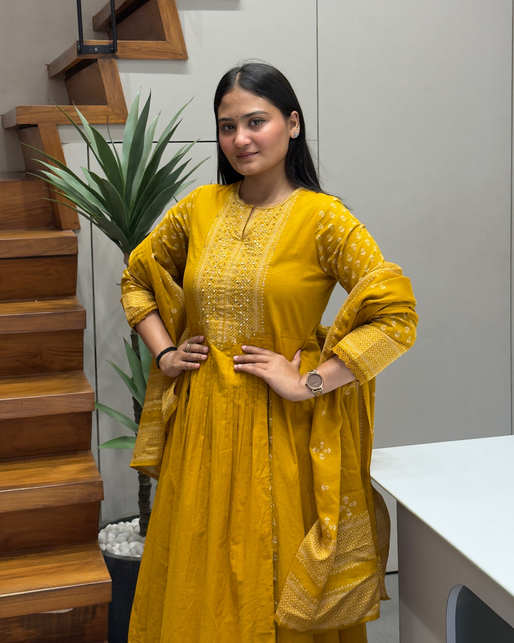 Elegant Mustard Yellow Handworked Three Piece Kurta Set