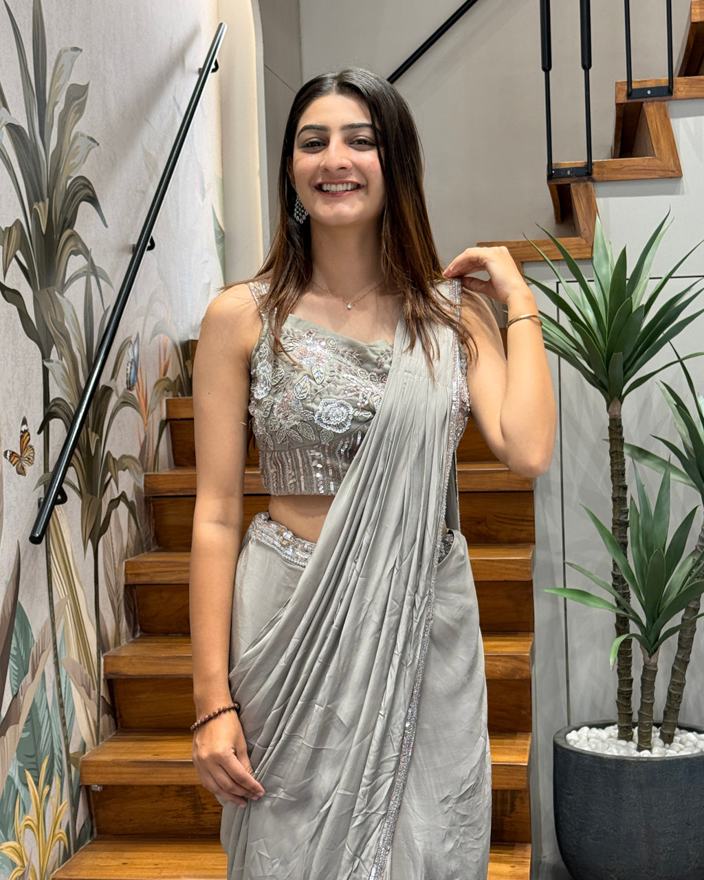 Elegant Silver Grey Handworked Drape Saree with Designer Corset Blouse